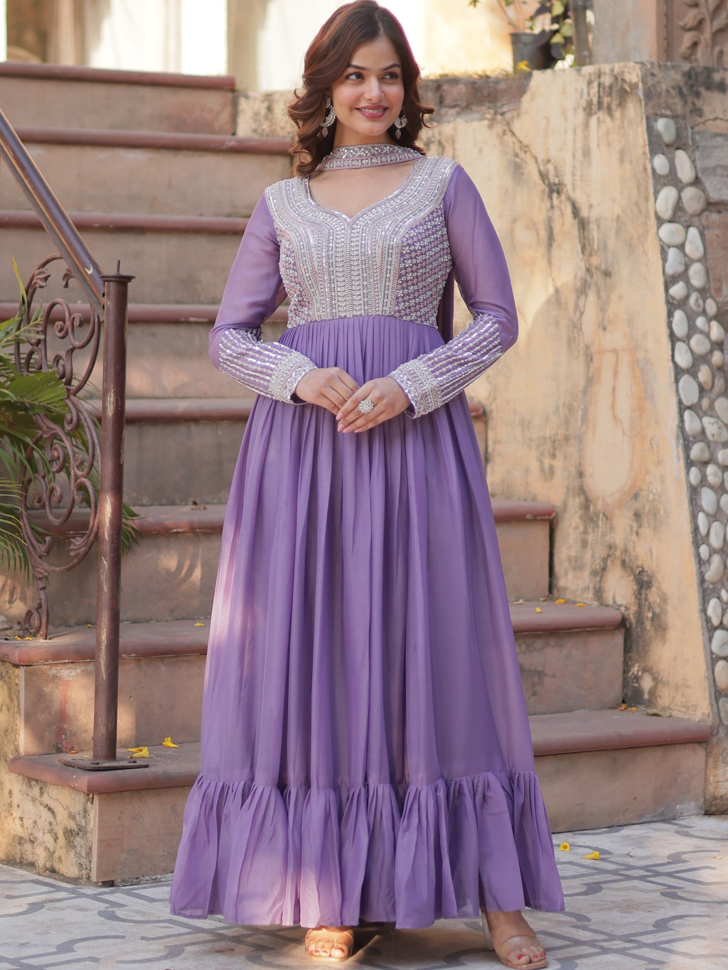 Star Georgette Embroidered Gown With Dupatta