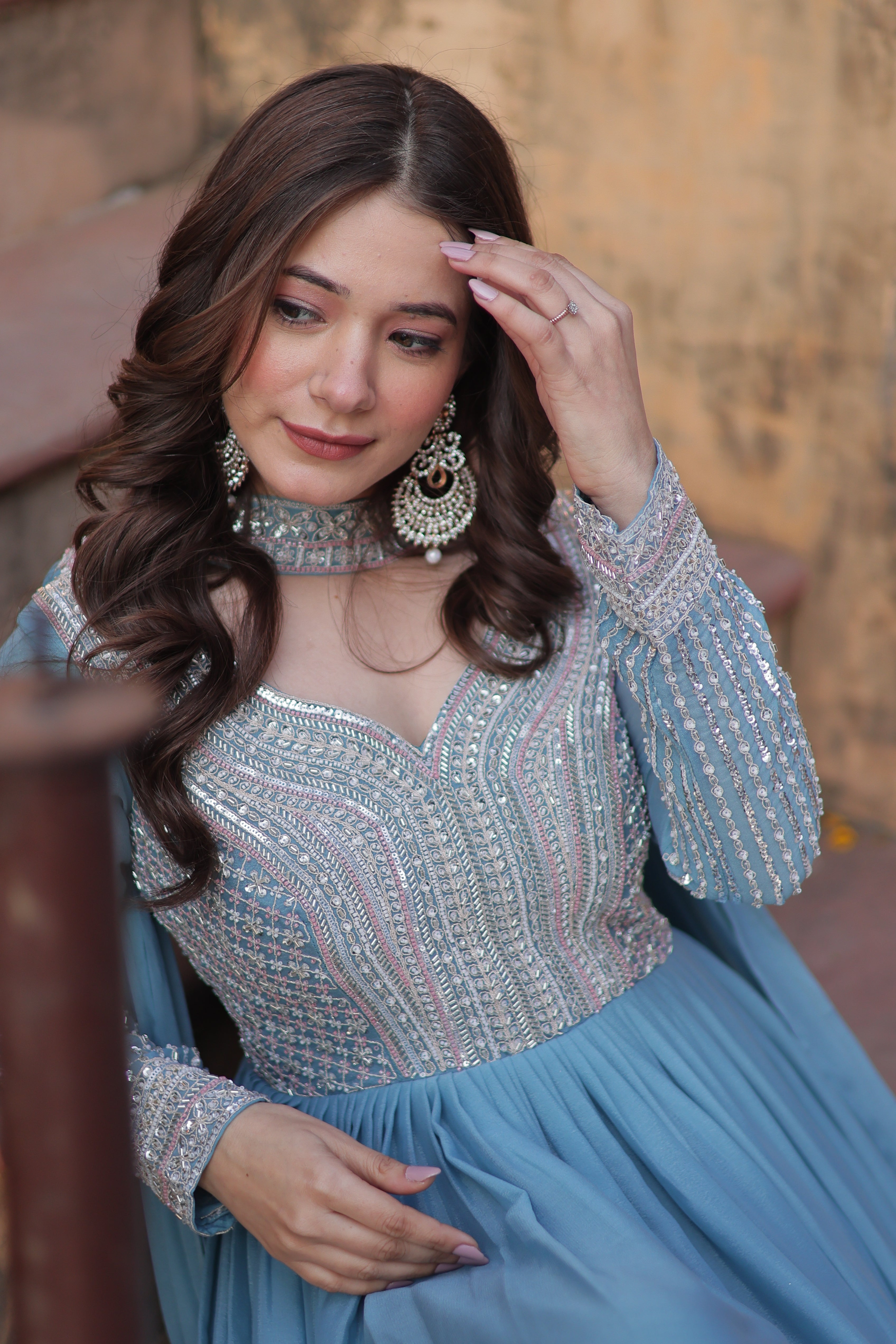 Star Georgette Embroidered Gown With Dupatta