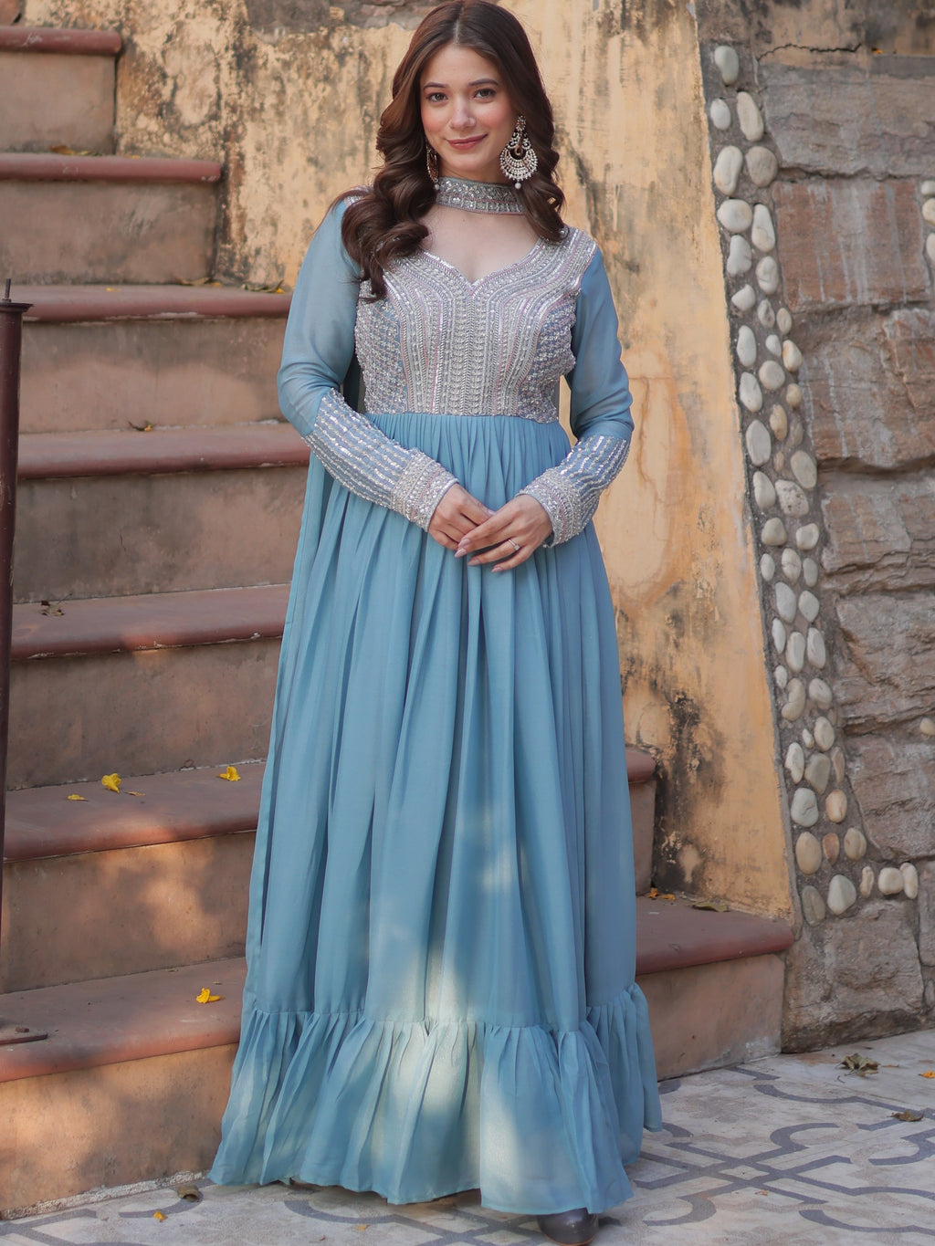 Star Georgette Embroidered Gown With Dupatta