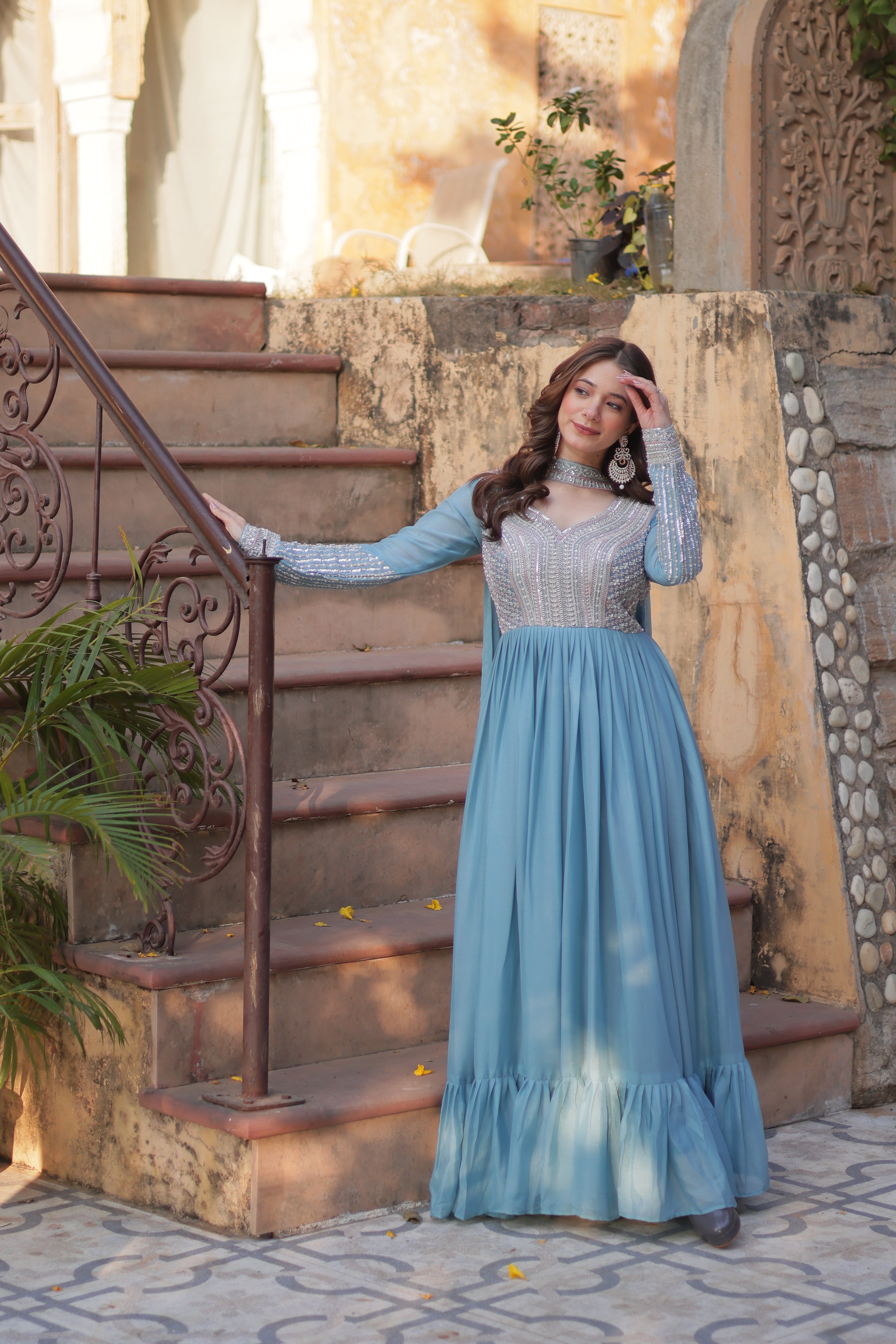 Star Georgette Embroidered Gown With Dupatta