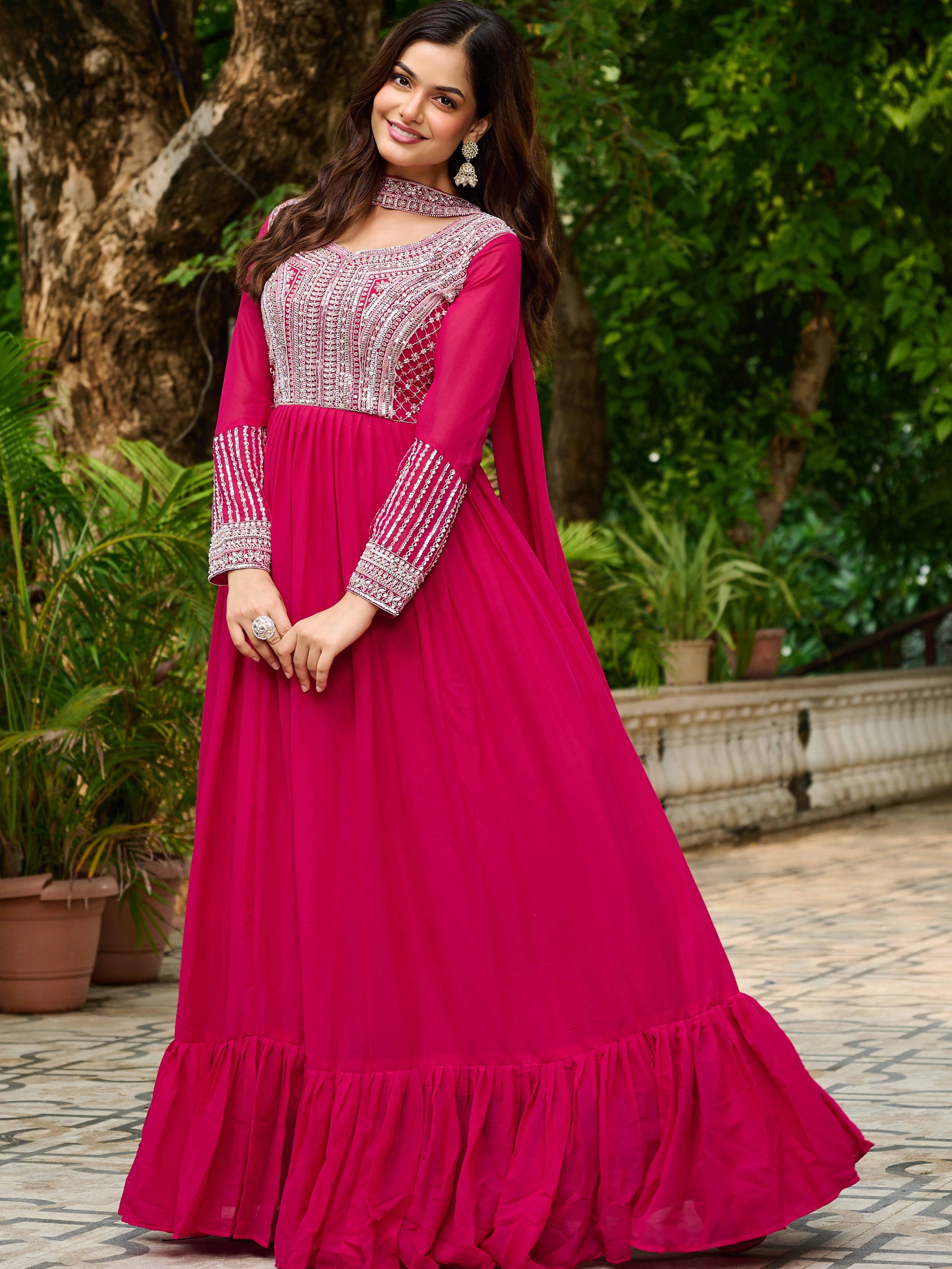 Star Georgette Embroidered Gown With Dupatta