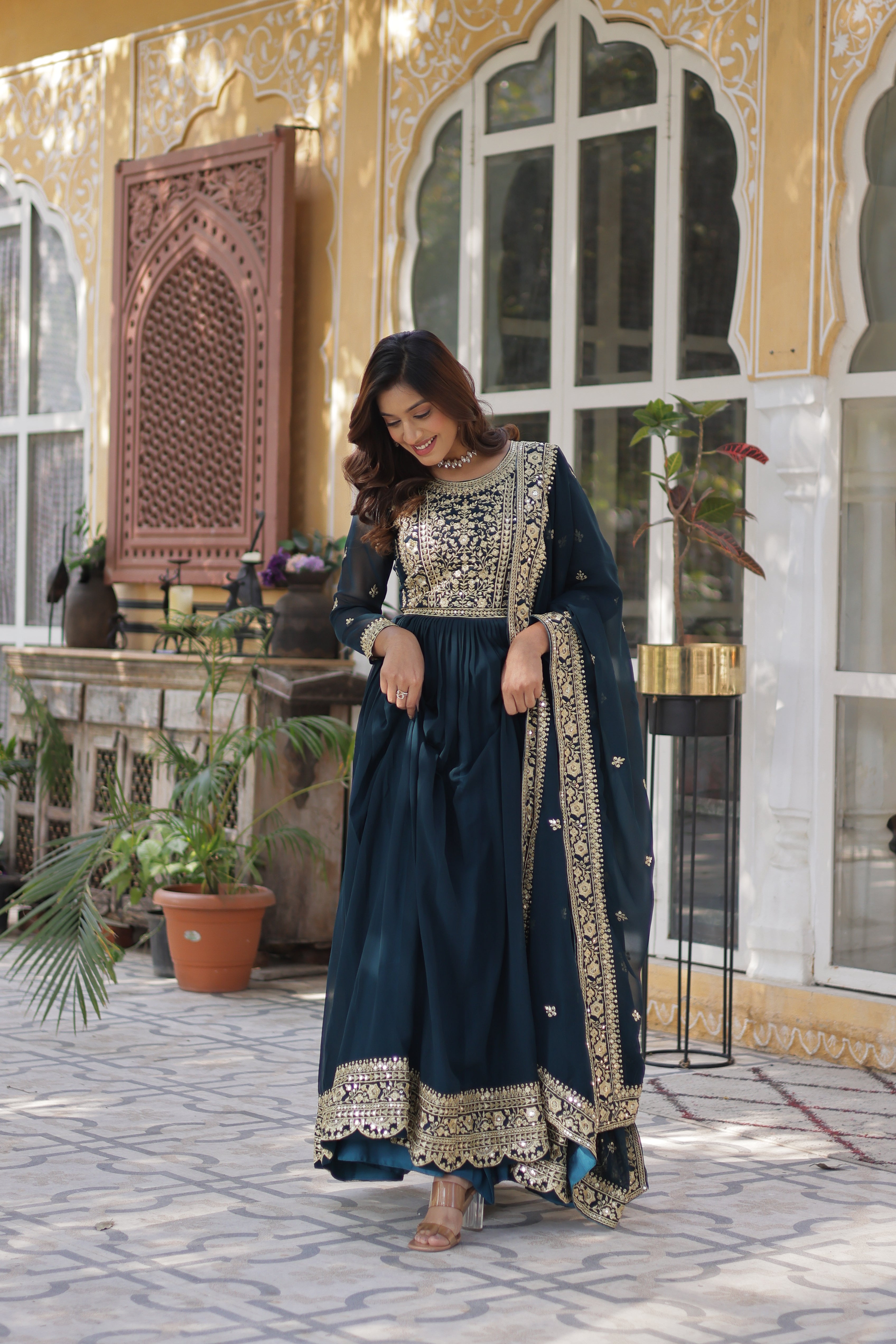Faux Blooming Embroidered Gown With Dupatta
