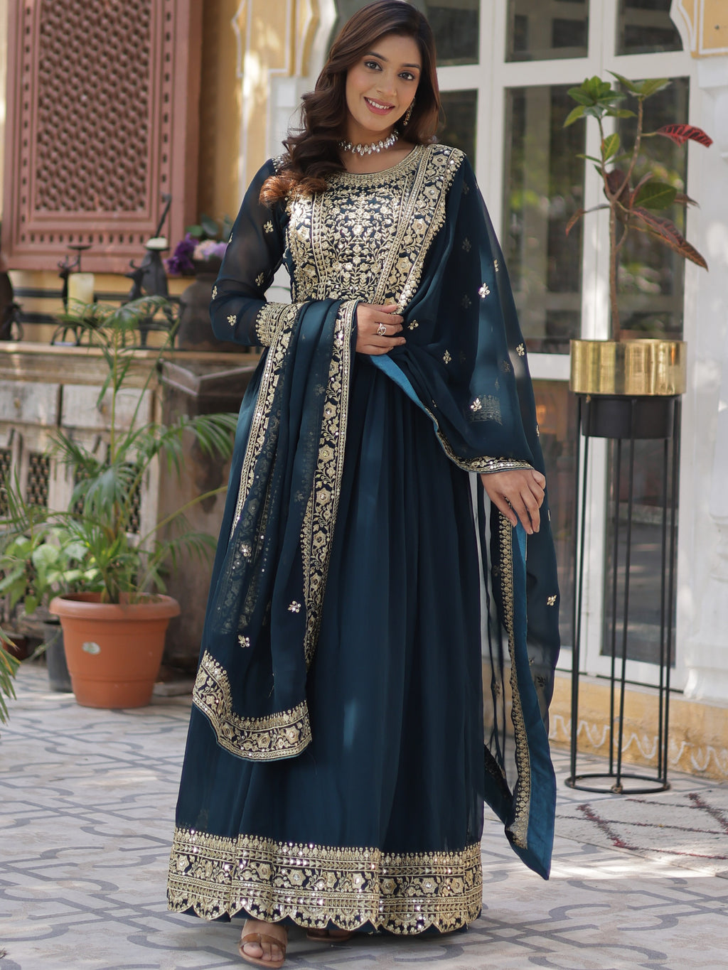 Faux Blooming Embroidered Gown With Dupatta