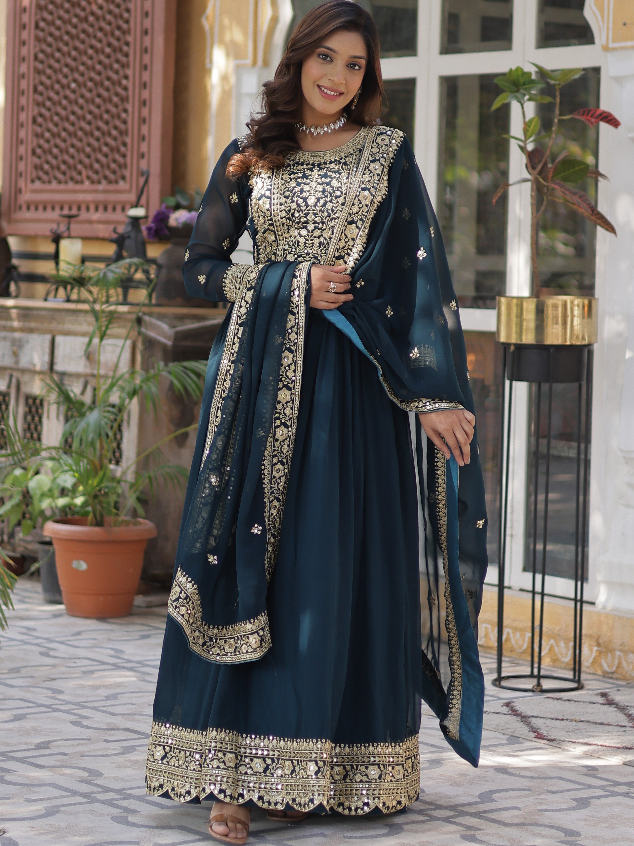 Faux Blooming Embroidered Gown With Dupatta