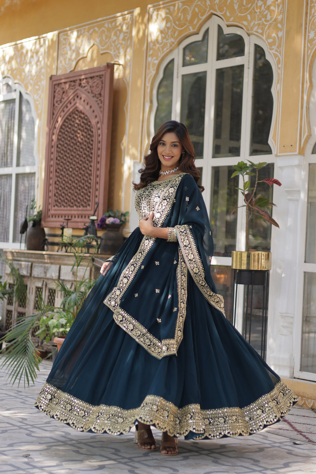 Faux Blooming Embroidered Gown With Dupatta