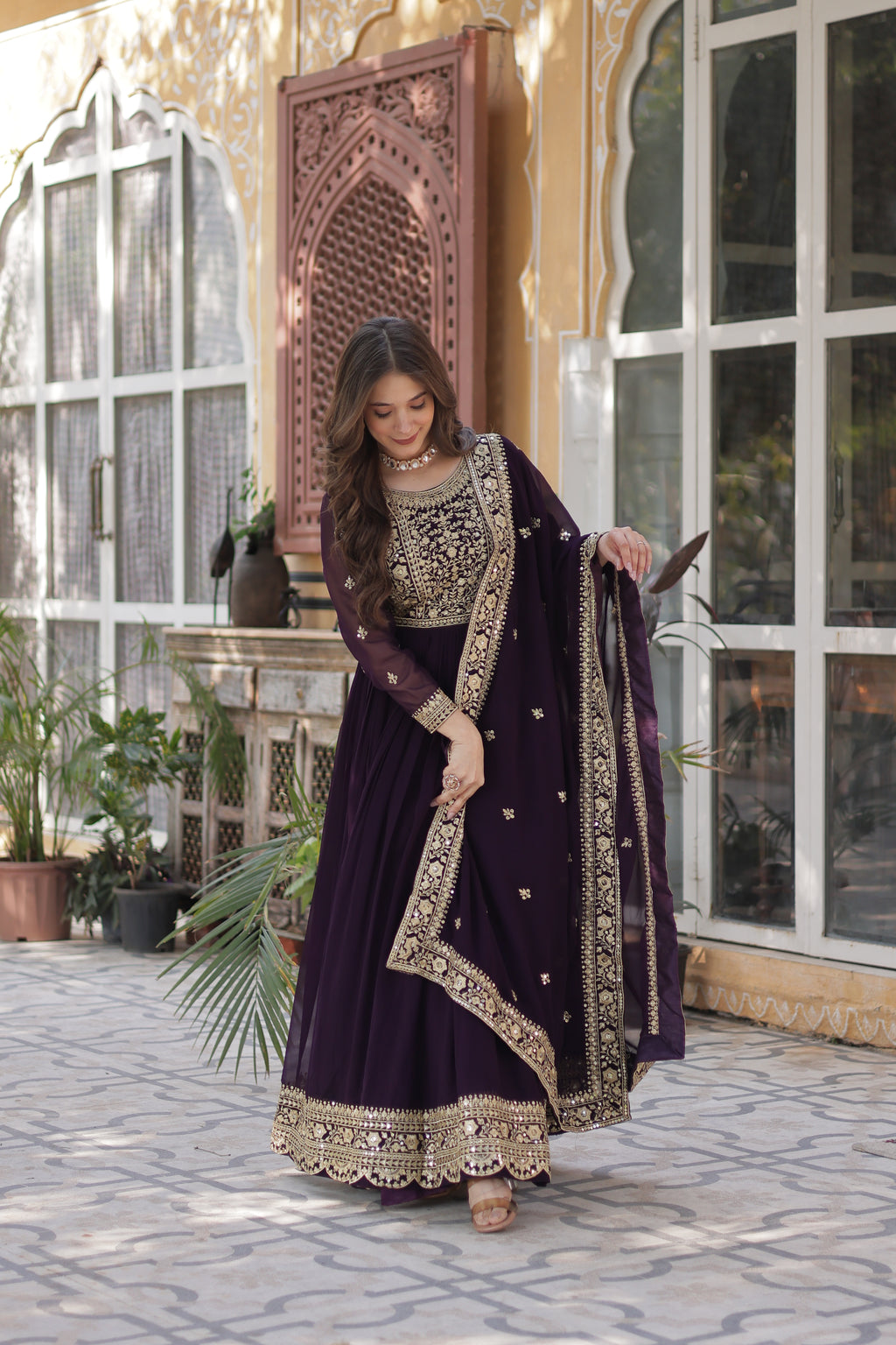Faux Blooming Embroidered Gown With Dupatta