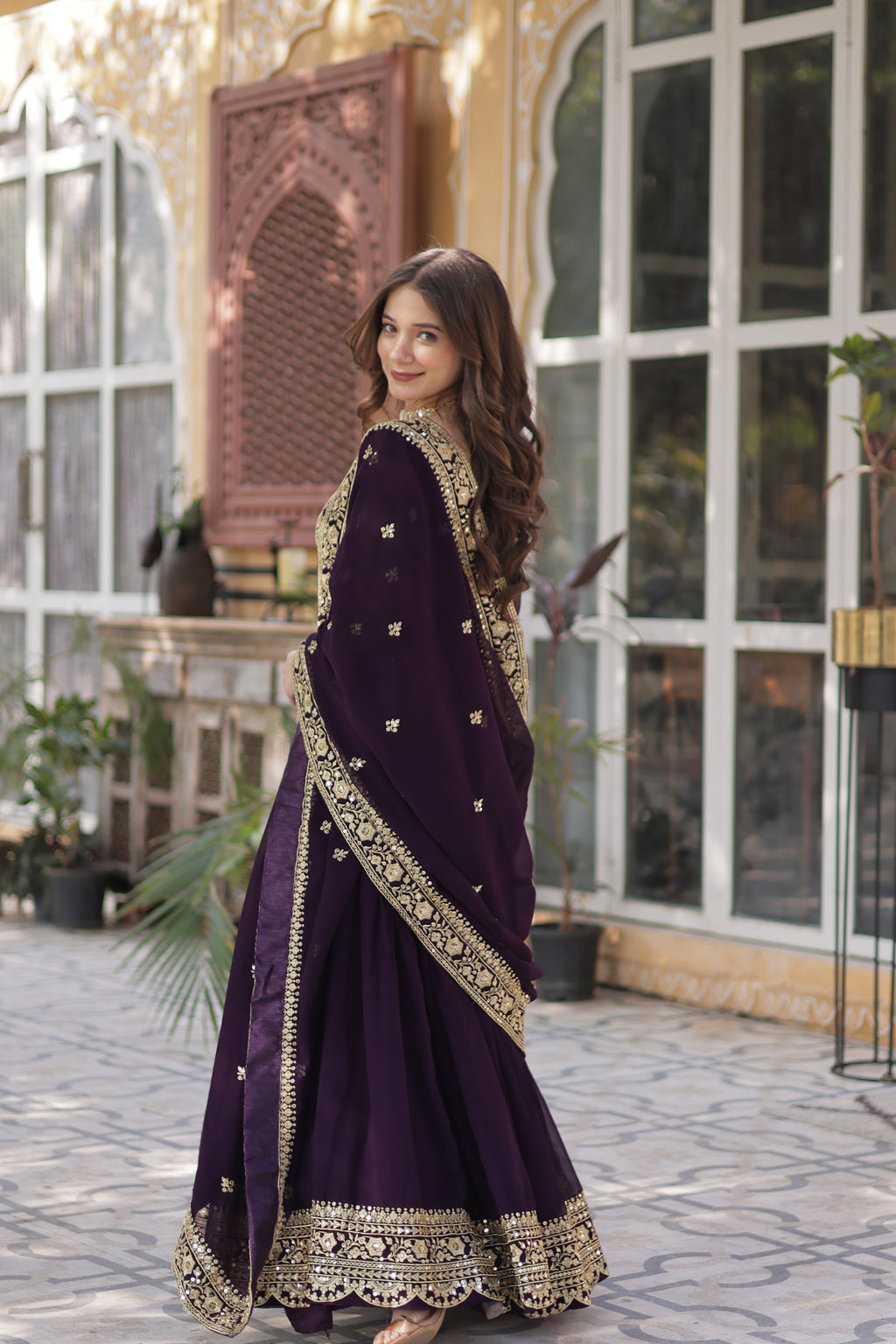 Faux Blooming Embroidered Gown With Dupatta
