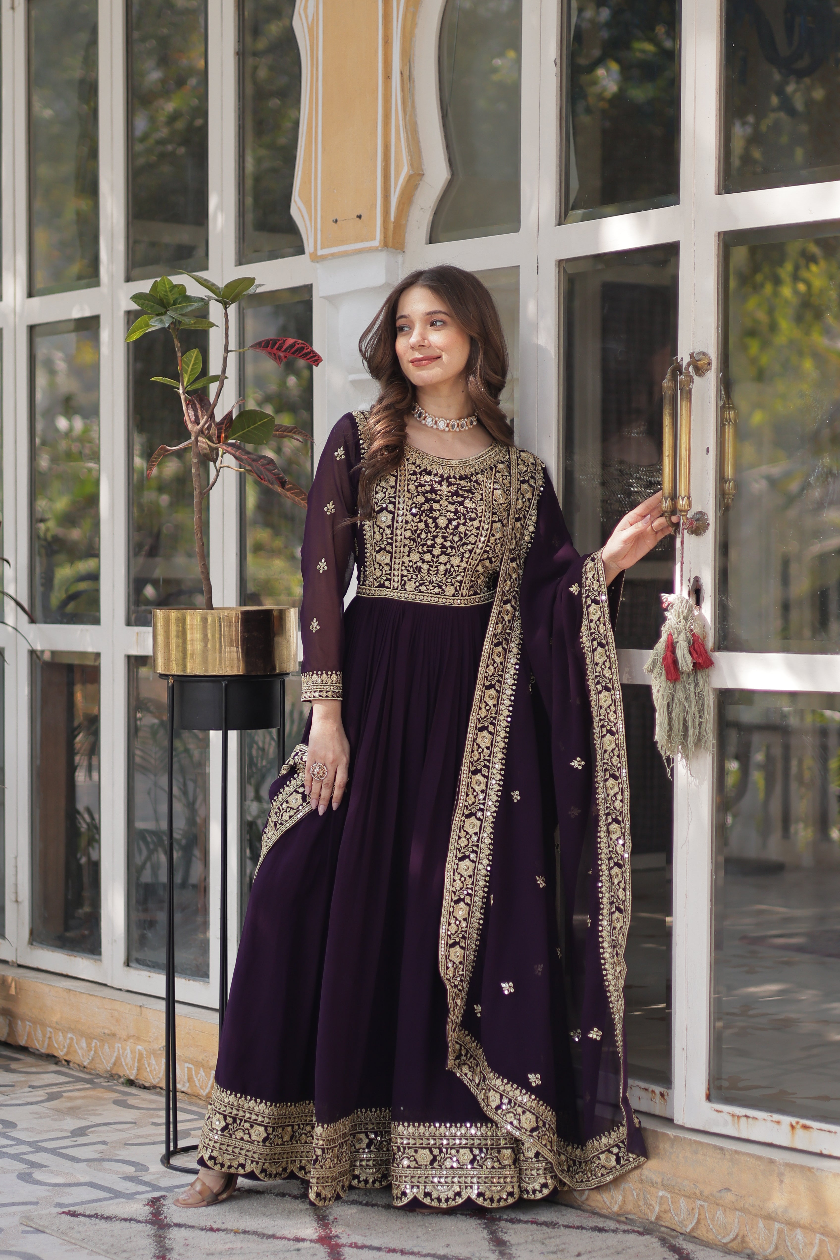 Faux Blooming Embroidered Gown With Dupatta
