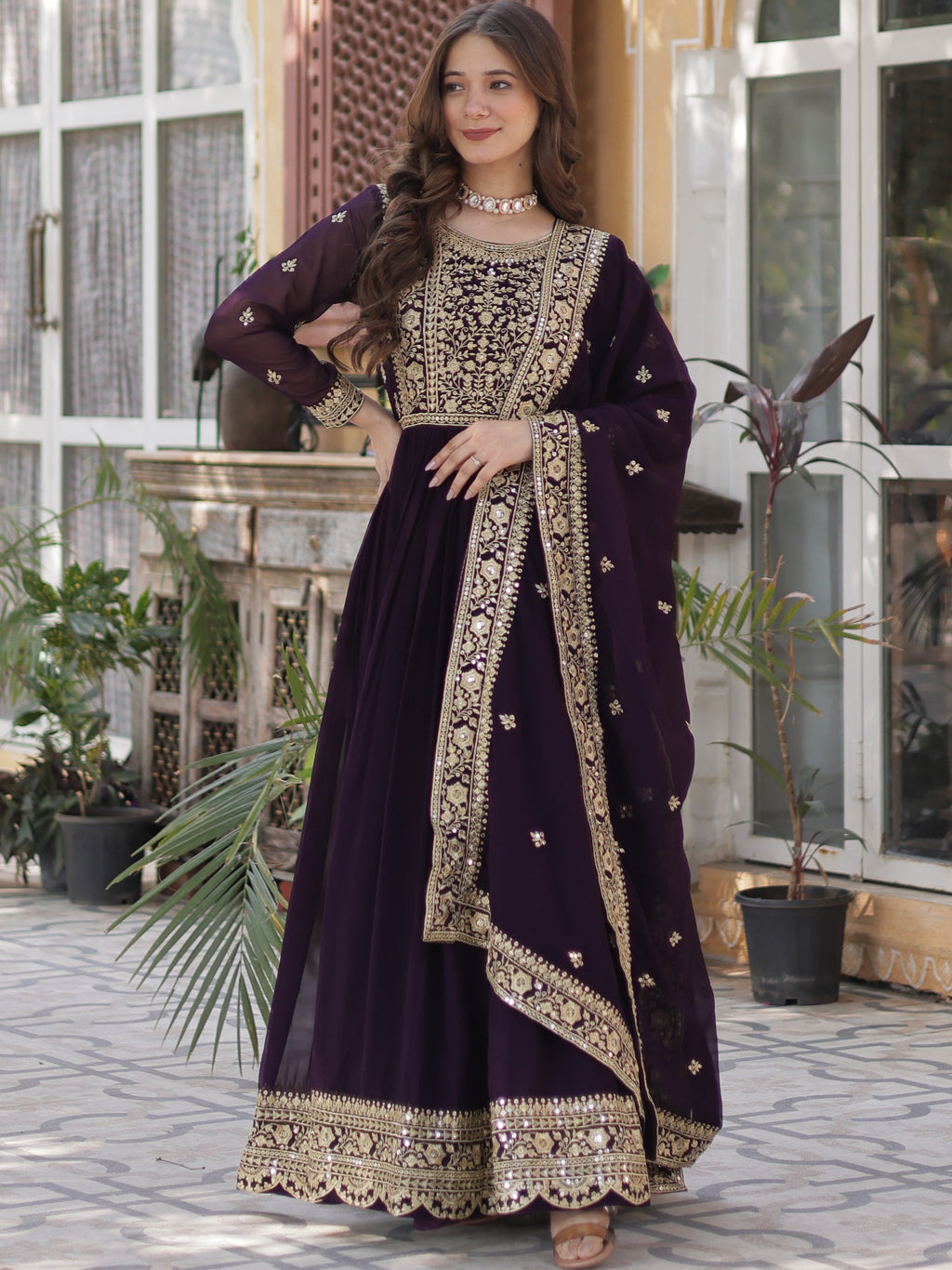 Faux Blooming Embroidered Gown With Dupatta