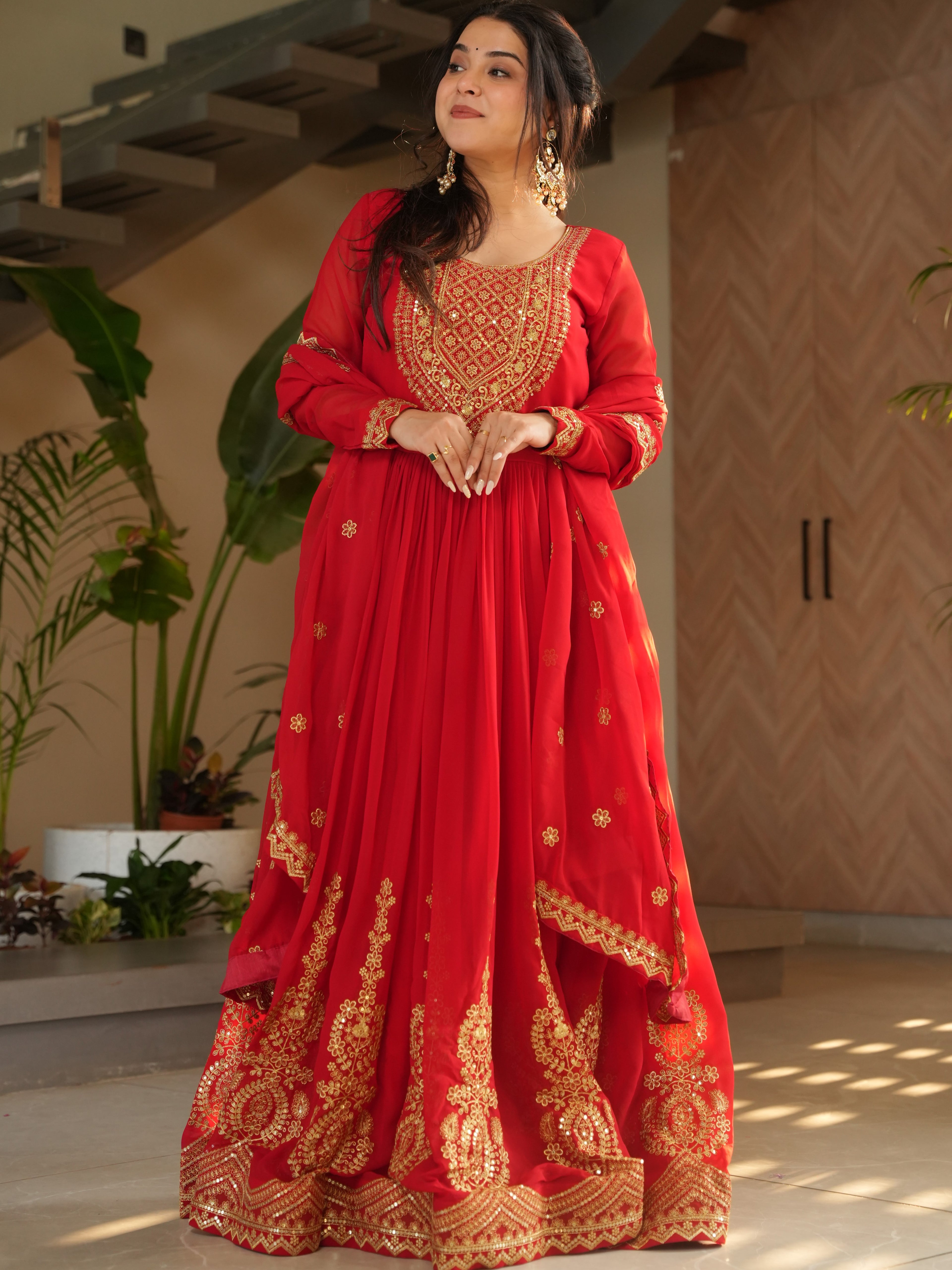 Faux Blooming Embroidered Gown With Dupatta