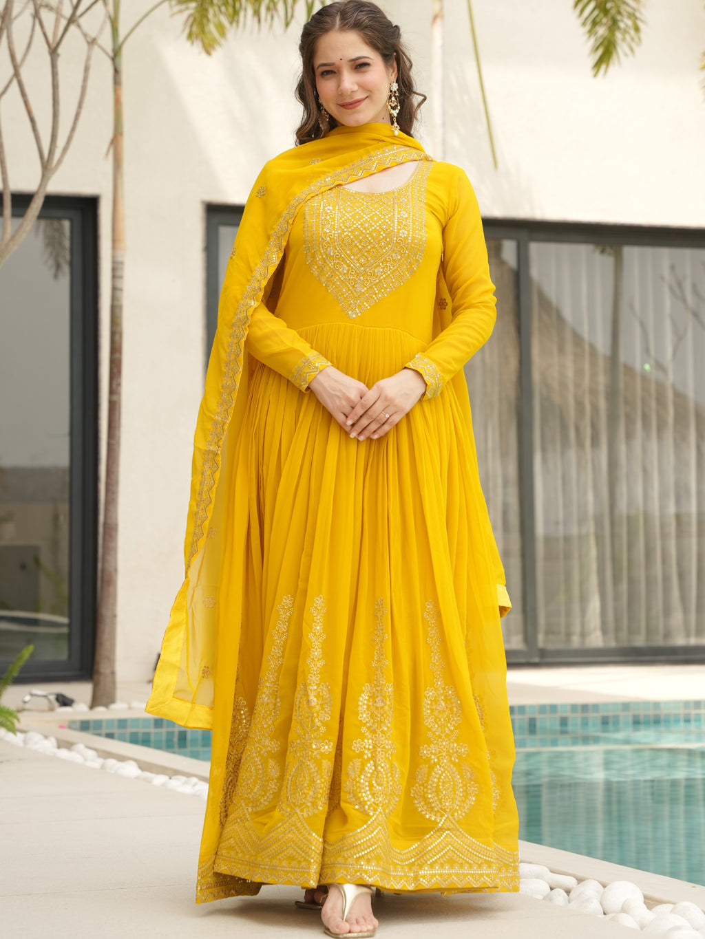 Faux Blooming Embroidered Gown With Dupatta