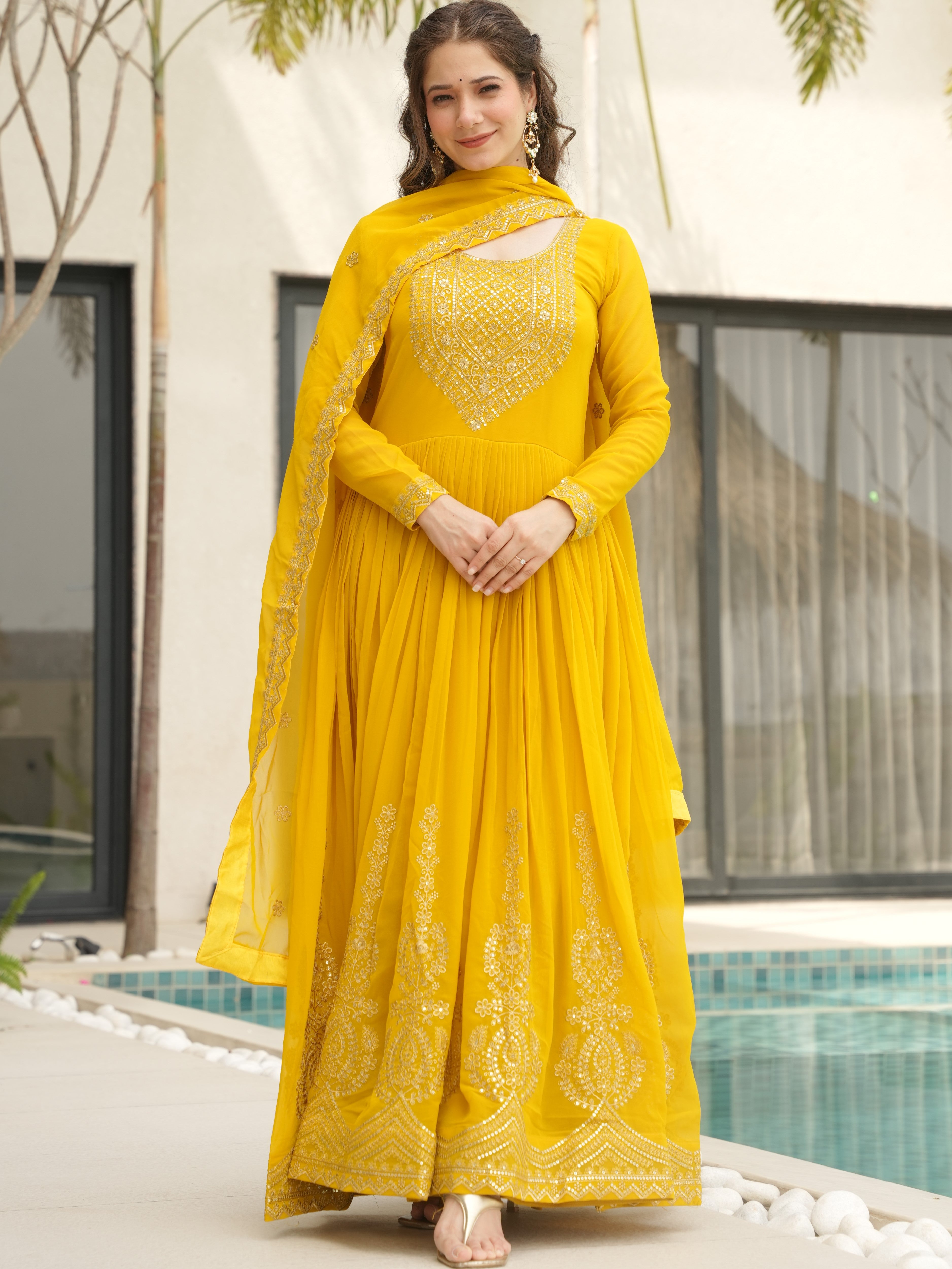 Faux Blooming Embroidered Gown With Dupatta
