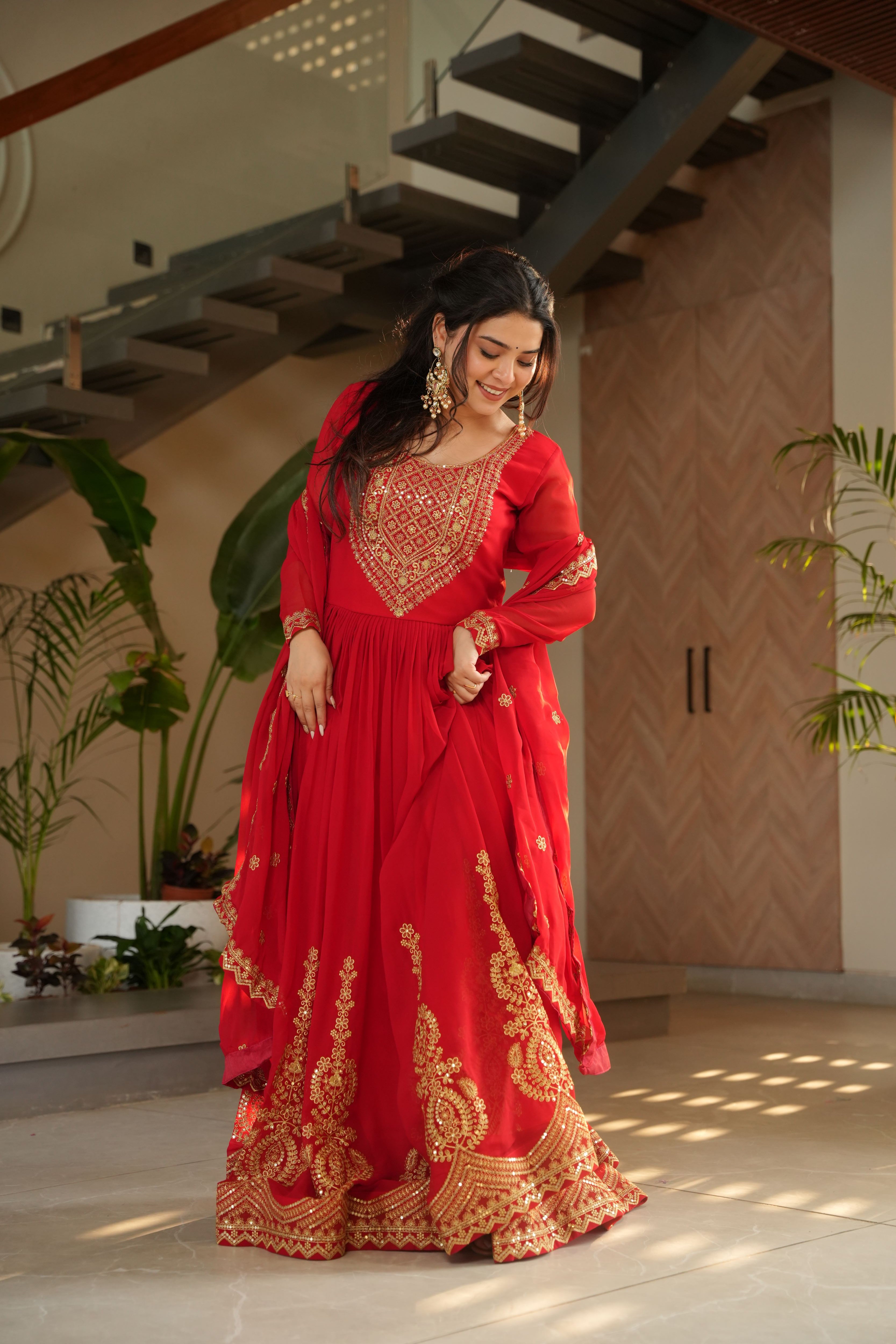 Faux Blooming Embroidered Gown With Dupatta