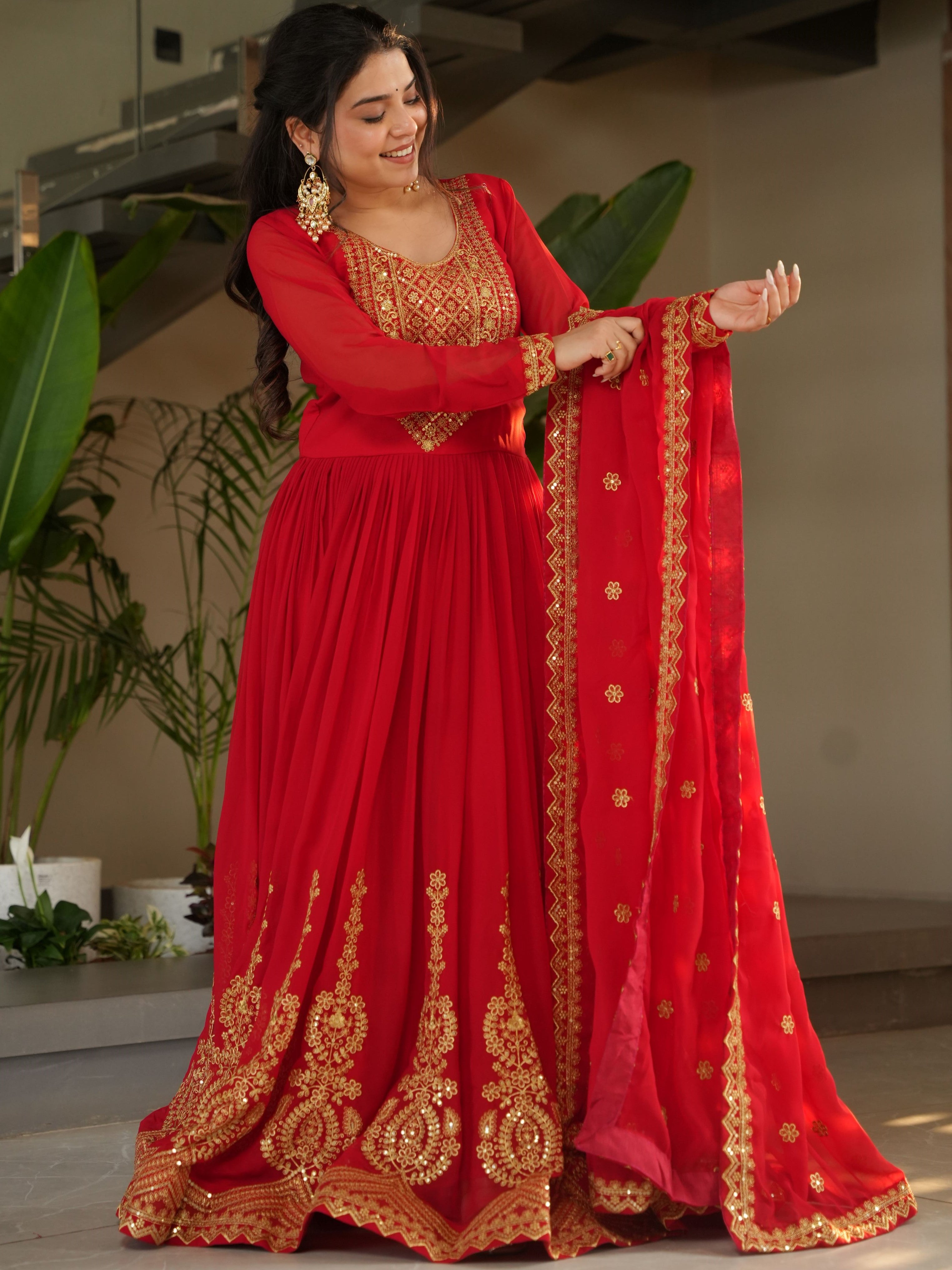 Faux Blooming Embroidered Gown With Dupatta