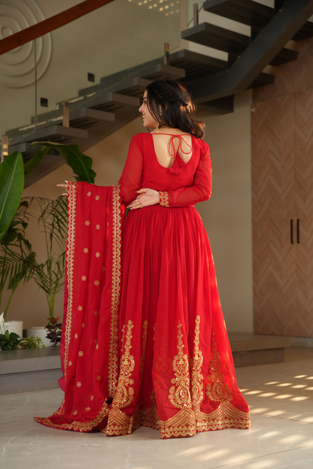 Faux Blooming Embroidered Gown With Dupatta