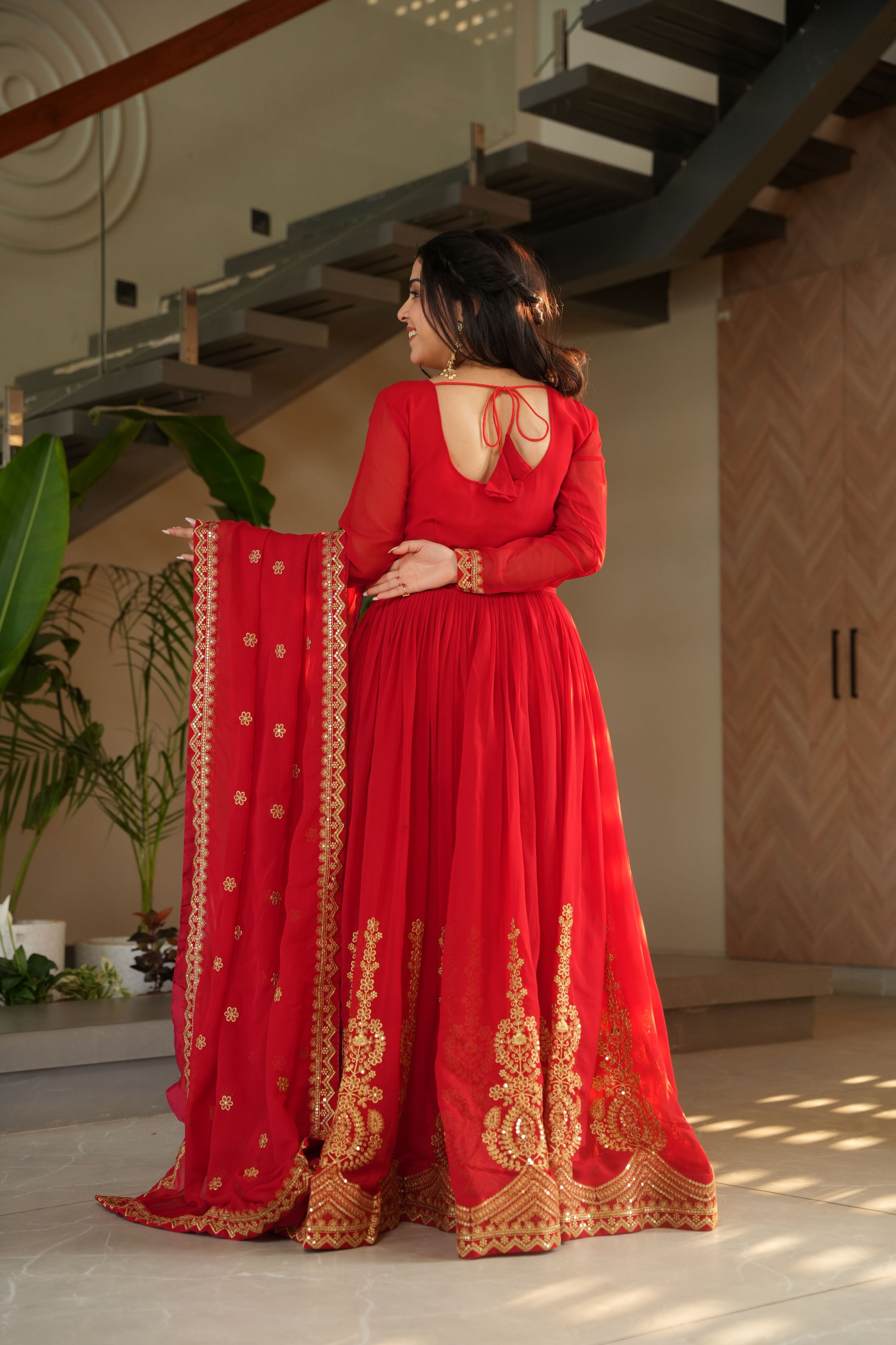 Faux Blooming Embroidered Gown With Dupatta