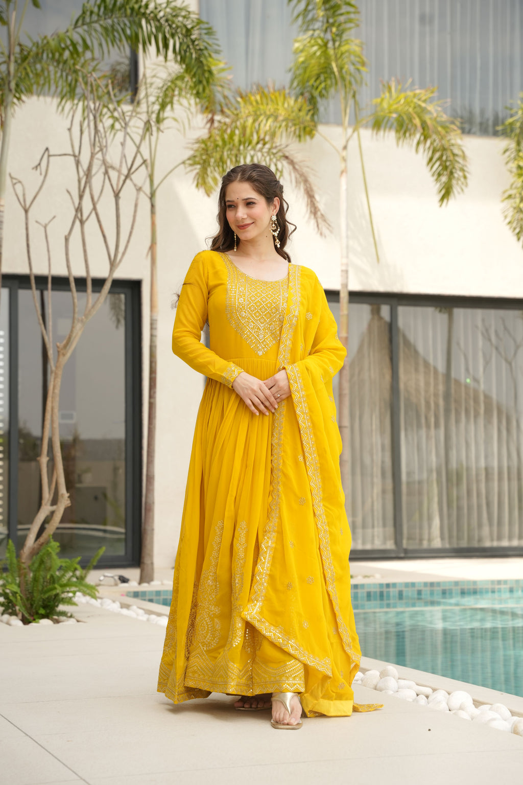 Faux Blooming Embroidered Gown With Dupatta