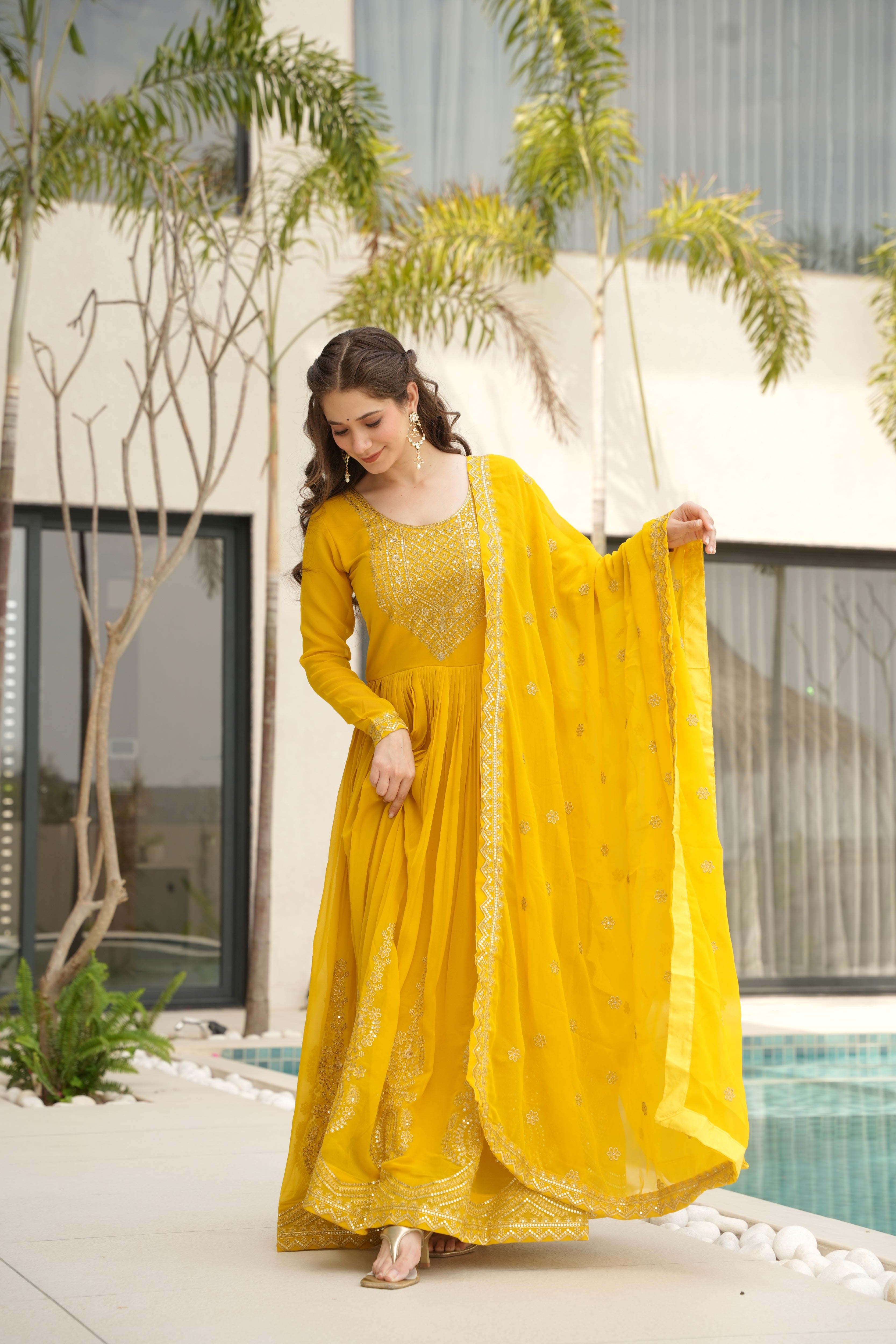 Faux Blooming Embroidered Gown With Dupatta