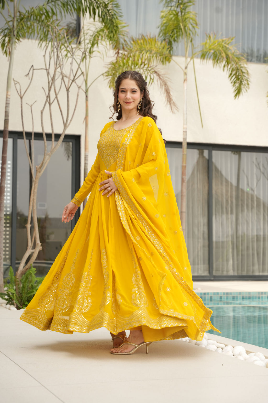 Faux Blooming Embroidered Gown With Dupatta