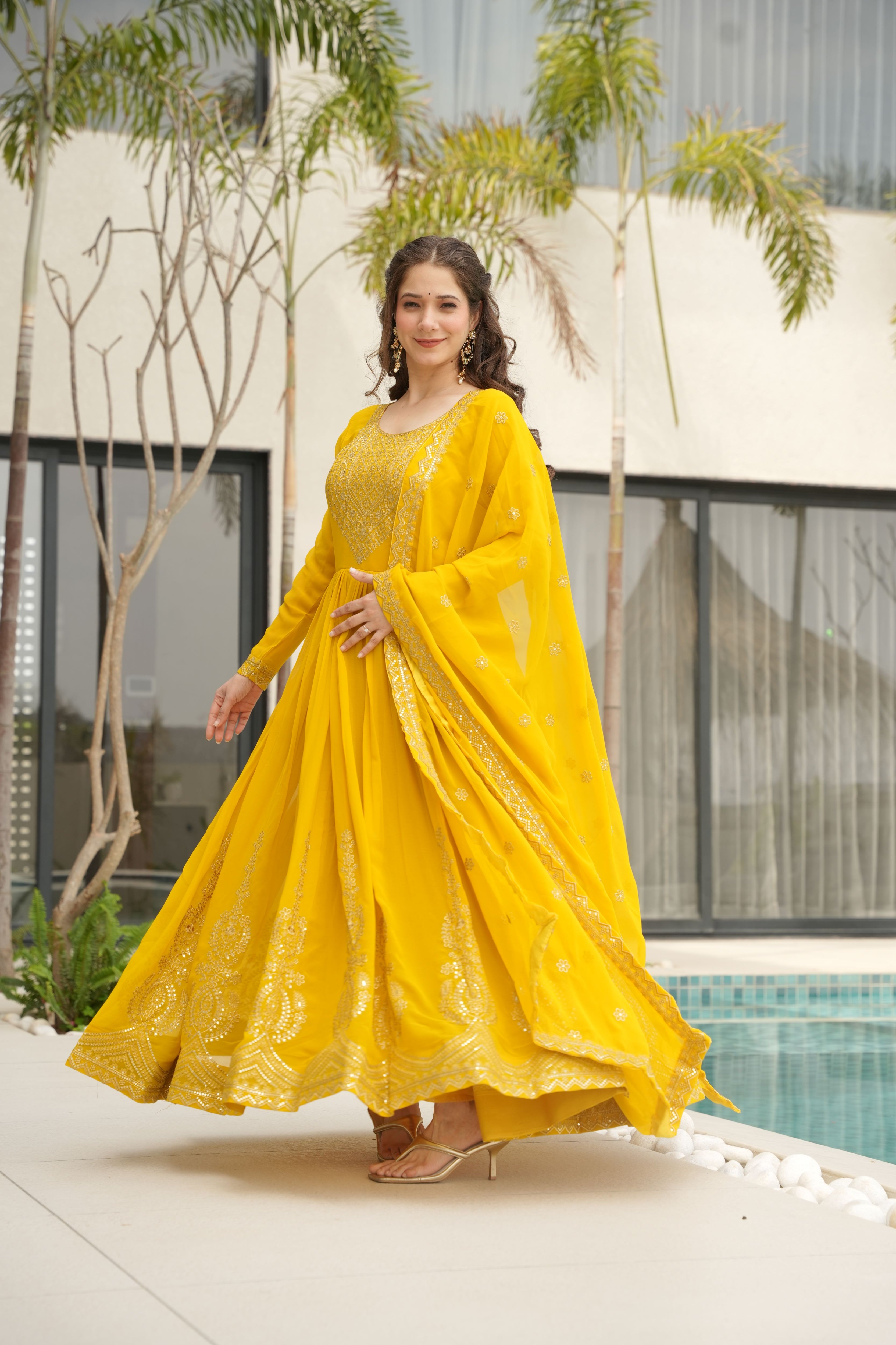Faux Blooming Embroidered Gown With Dupatta