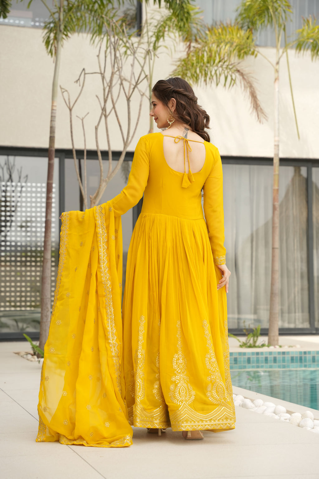 Faux Blooming Embroidered Gown With Dupatta