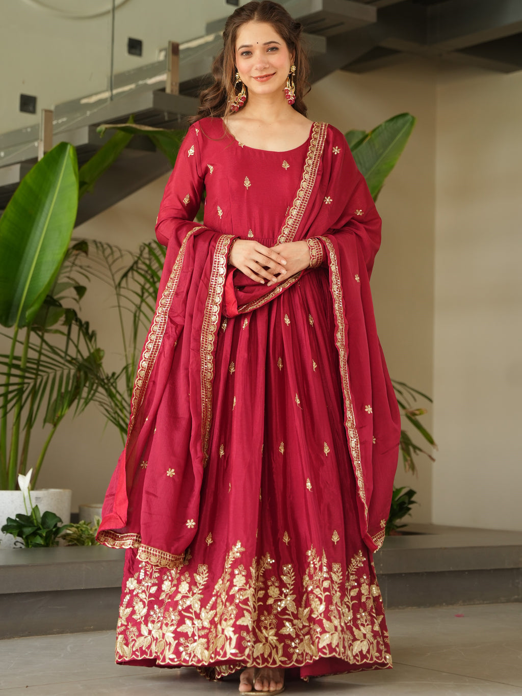 Chinon Embroidered Gown  With Dupatta