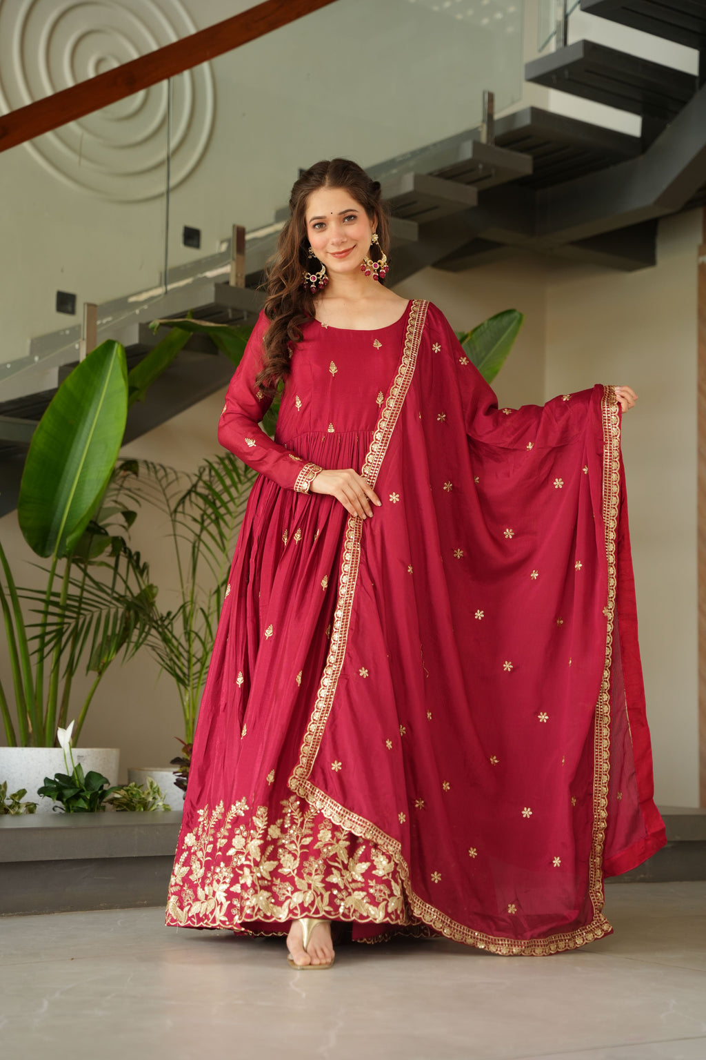 Chinon Embroidered Gown  With Dupatta