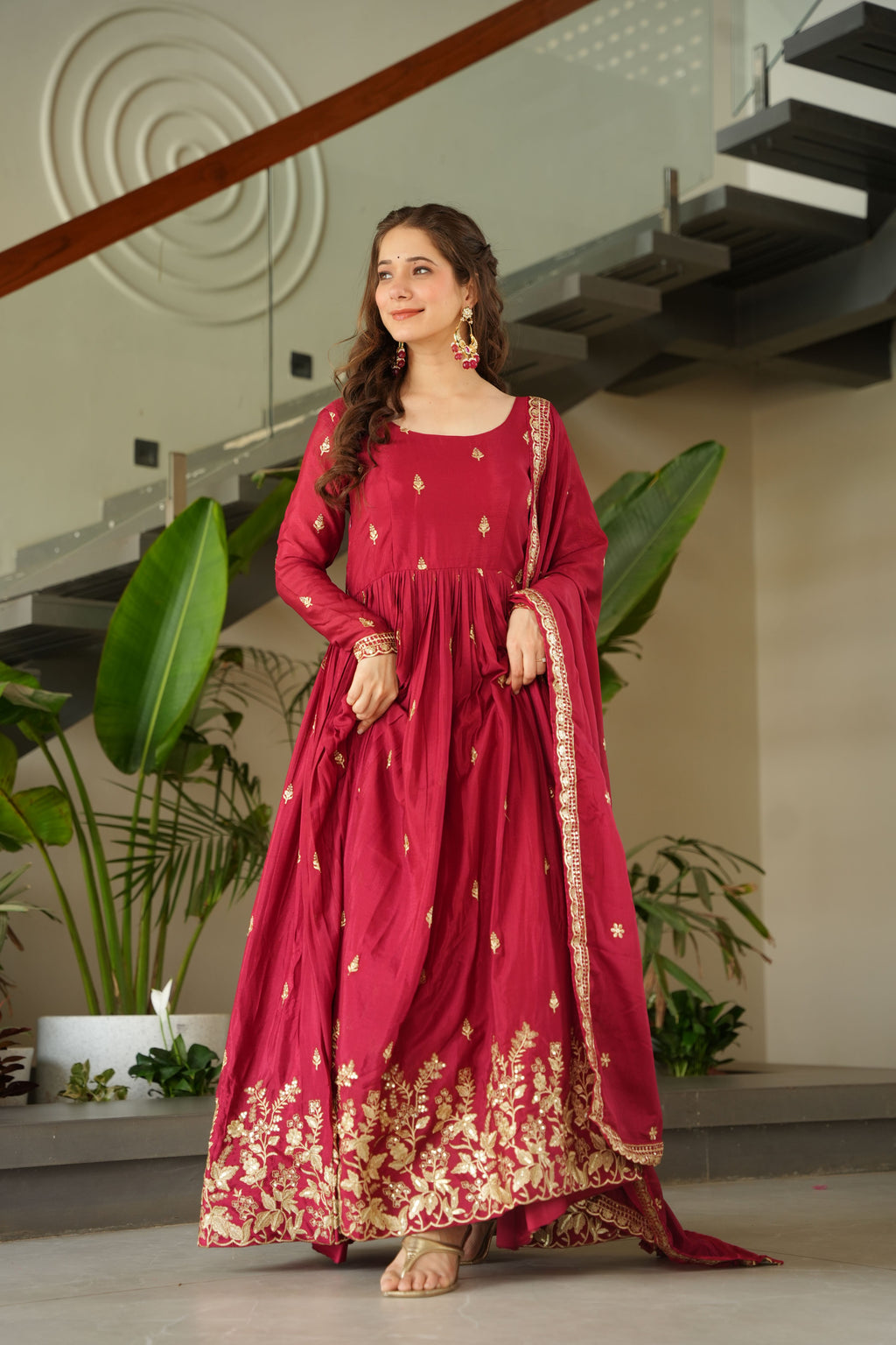 Chinon Embroidered Gown  With Dupatta