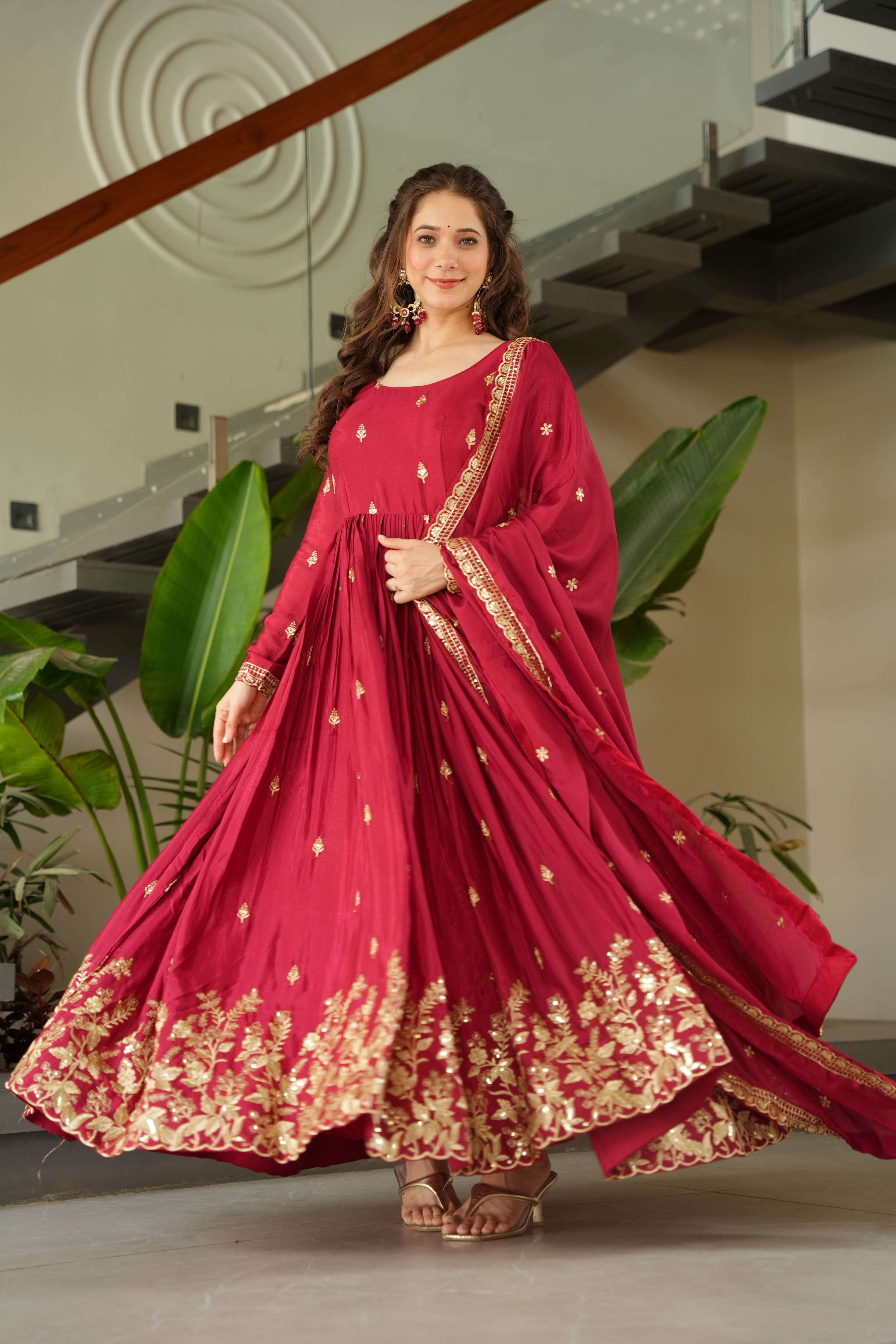 Chinon Embroidered Gown  With Dupatta