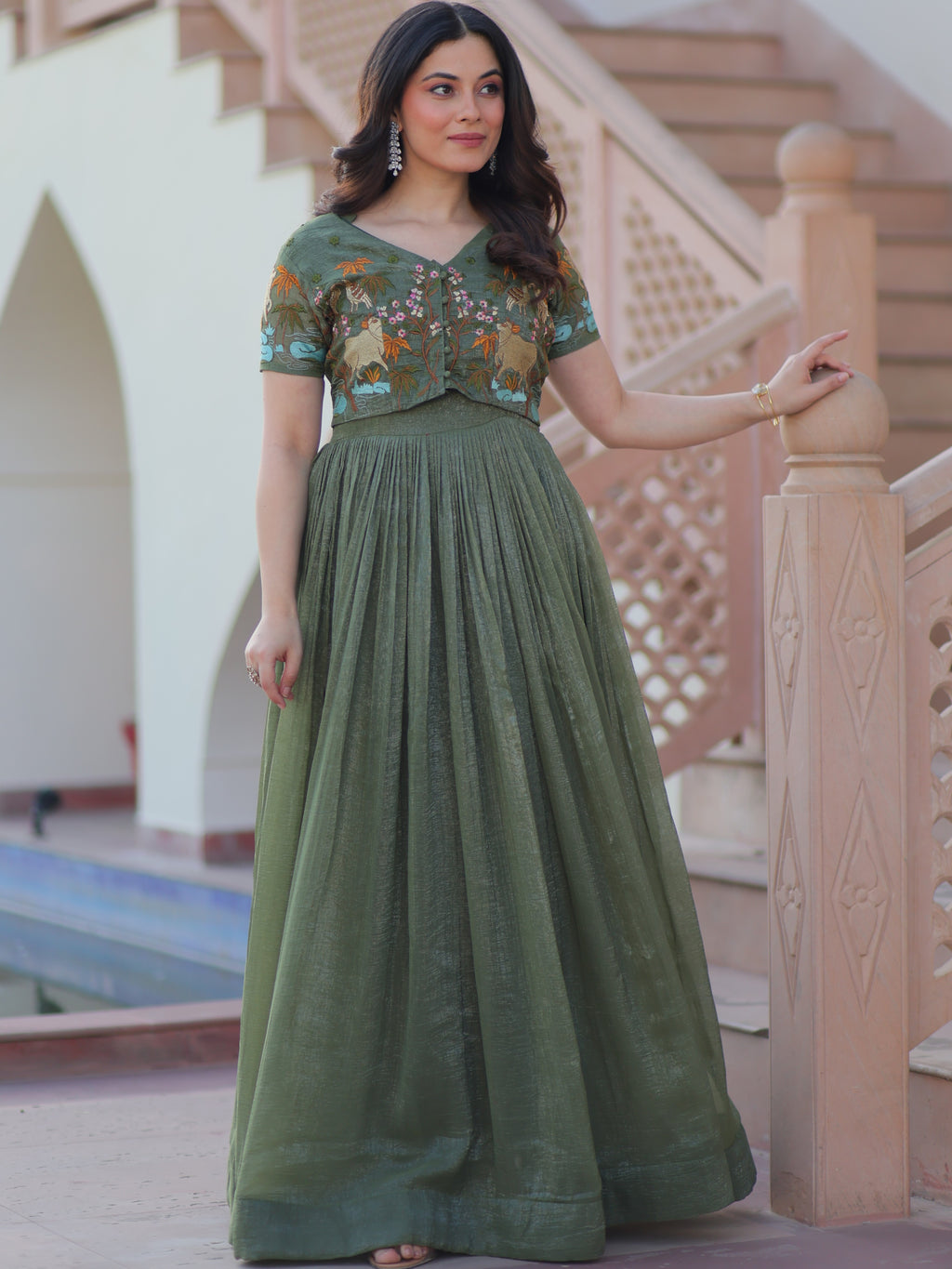 Silver Crunchy Plain Gown With Embroidered Koti