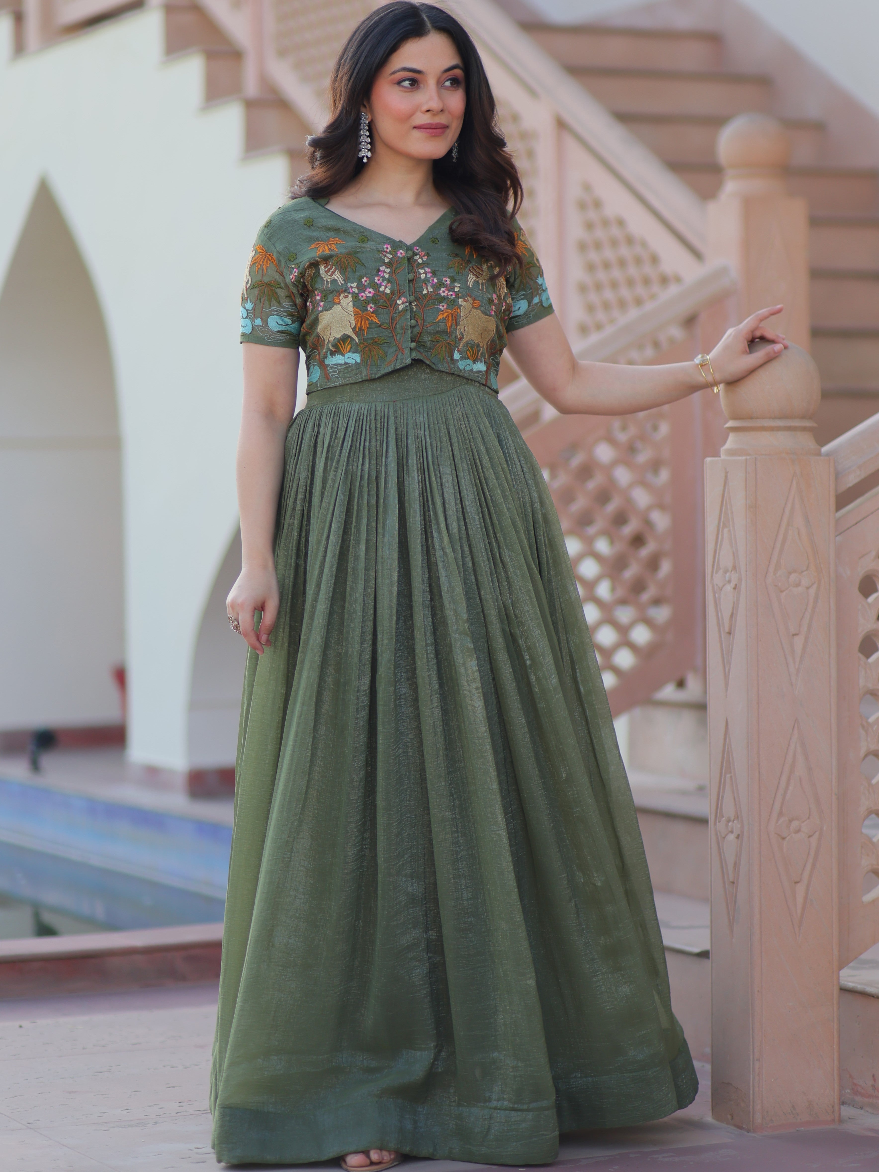 Silver Crunchy Plain Gown With Embroidered Koti