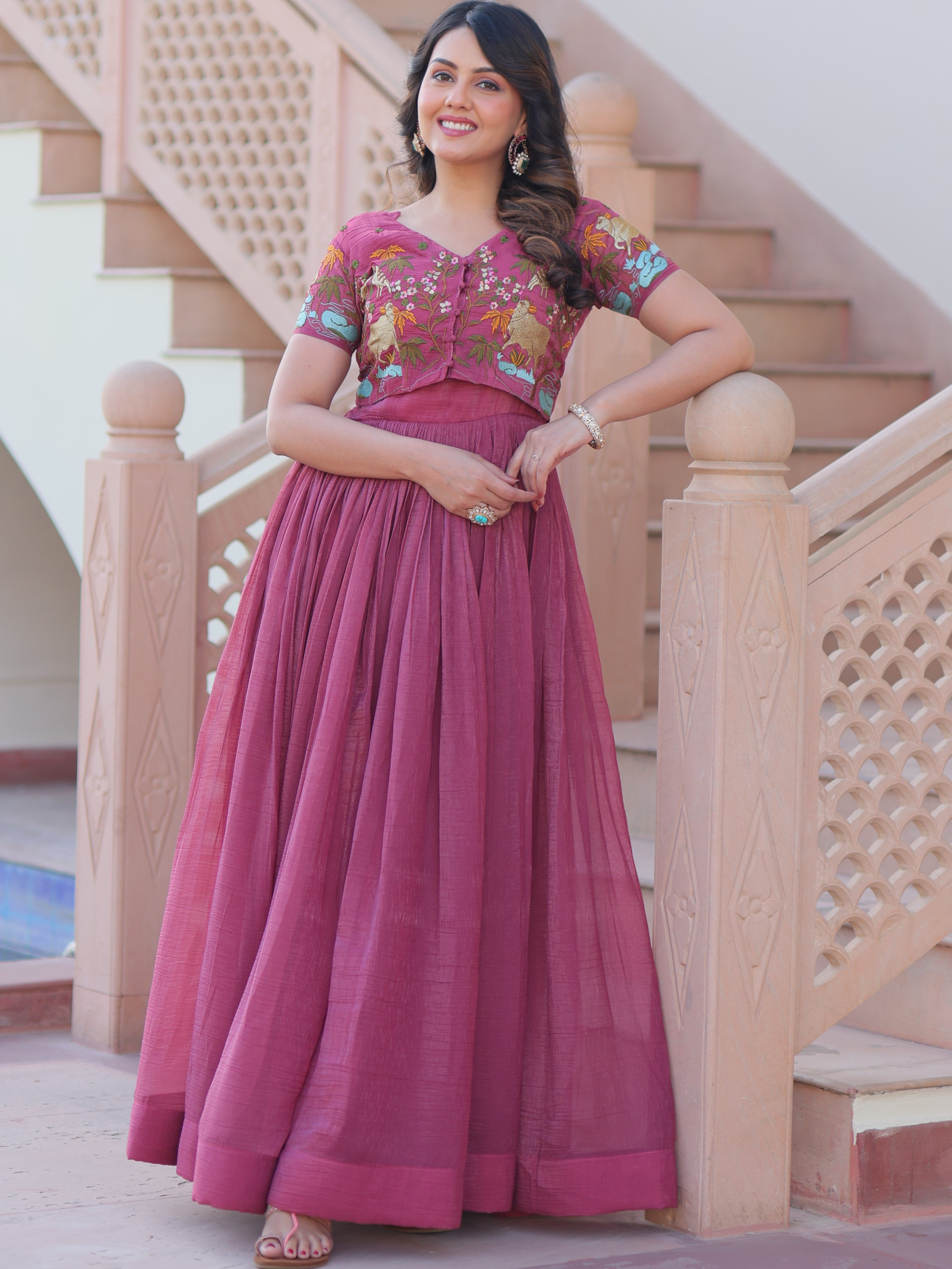 Silver Crunchy Plain Gown With Embroidered Koti