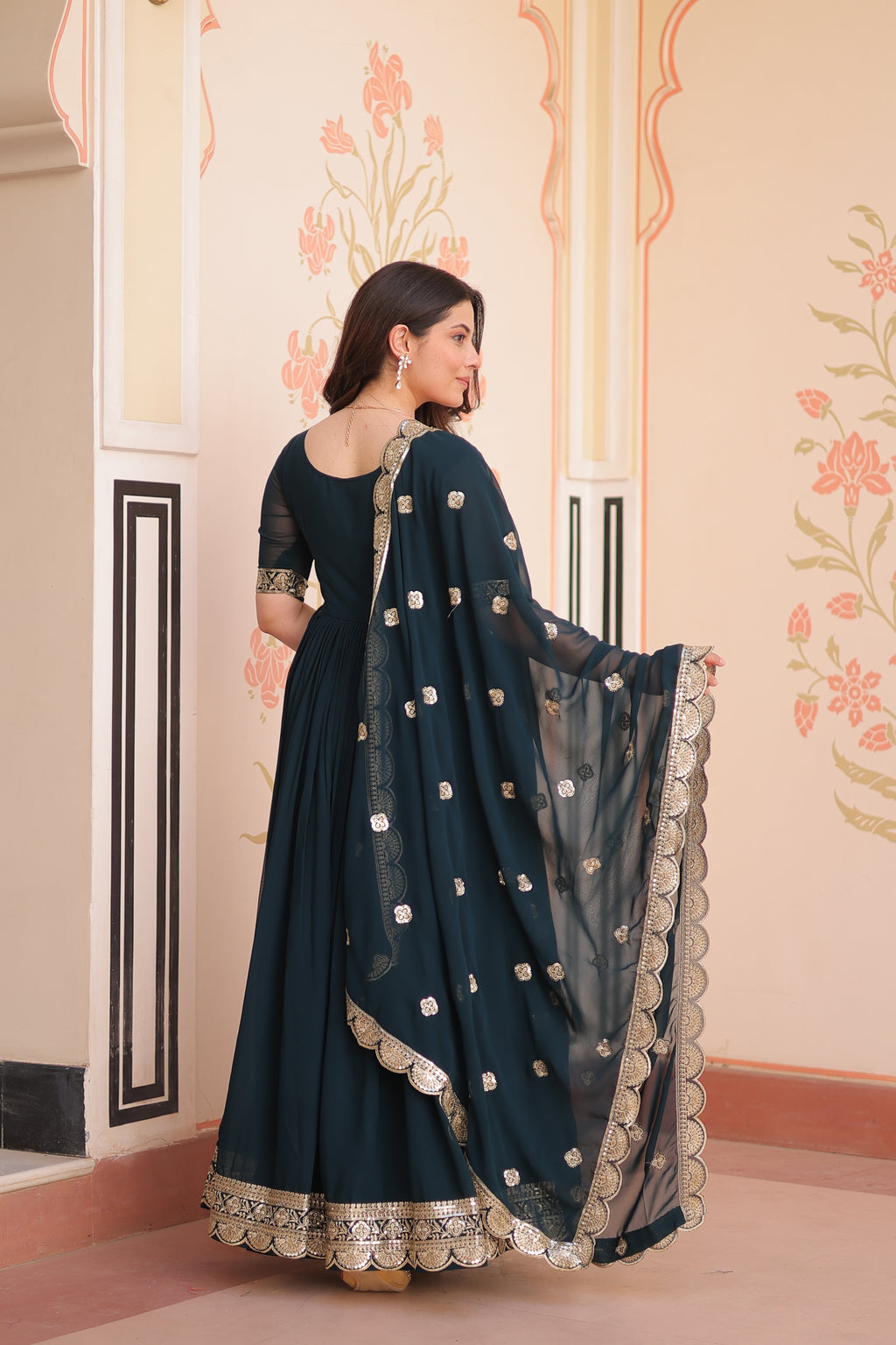 Faux Blooming Embroidered Gown With Dupatta