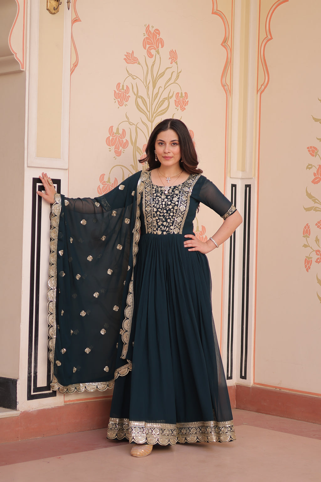 Faux Blooming Embroidered Gown With Dupatta