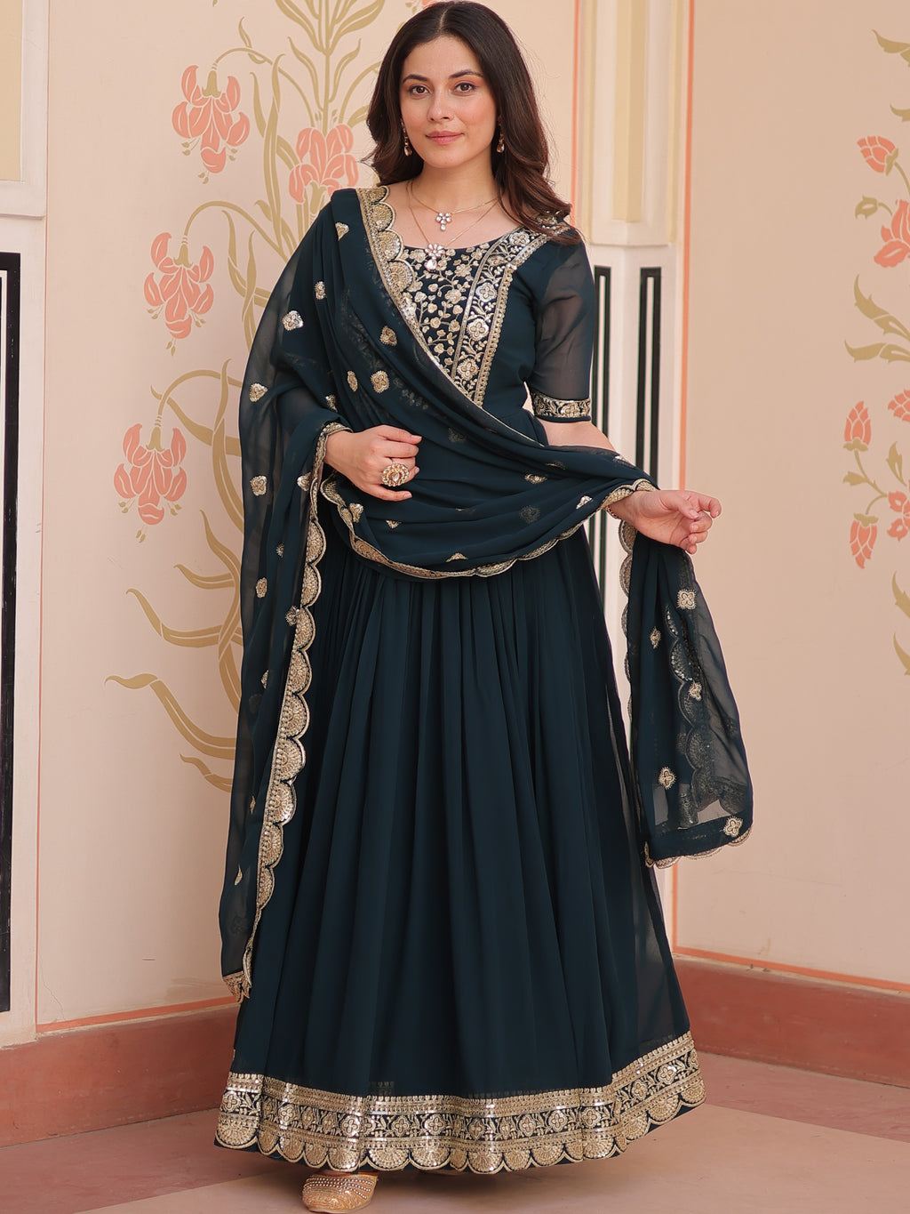 Faux Blooming Embroidered Gown With Dupatta