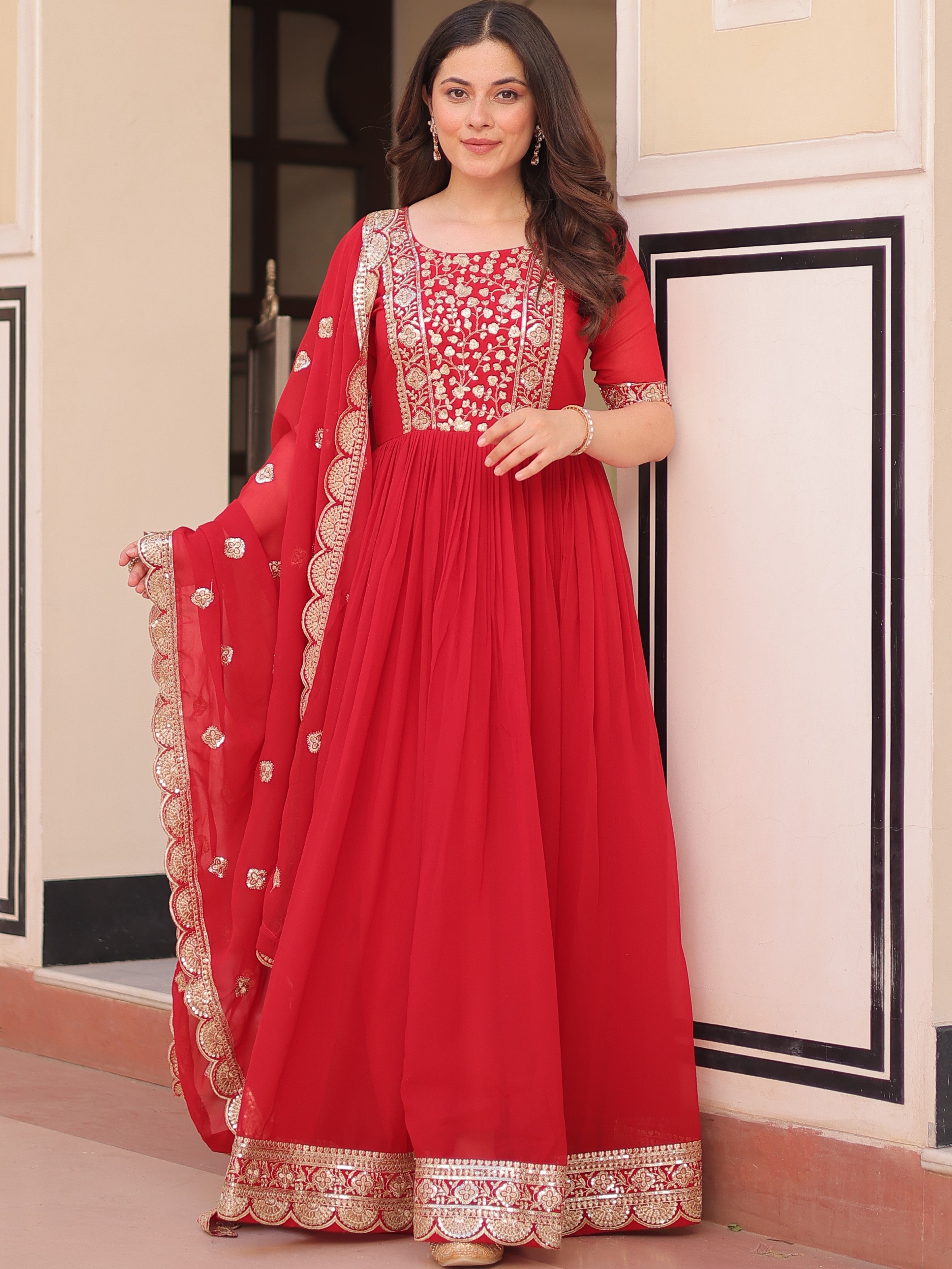 Faux Blooming Embroidered Gown With Dupatta