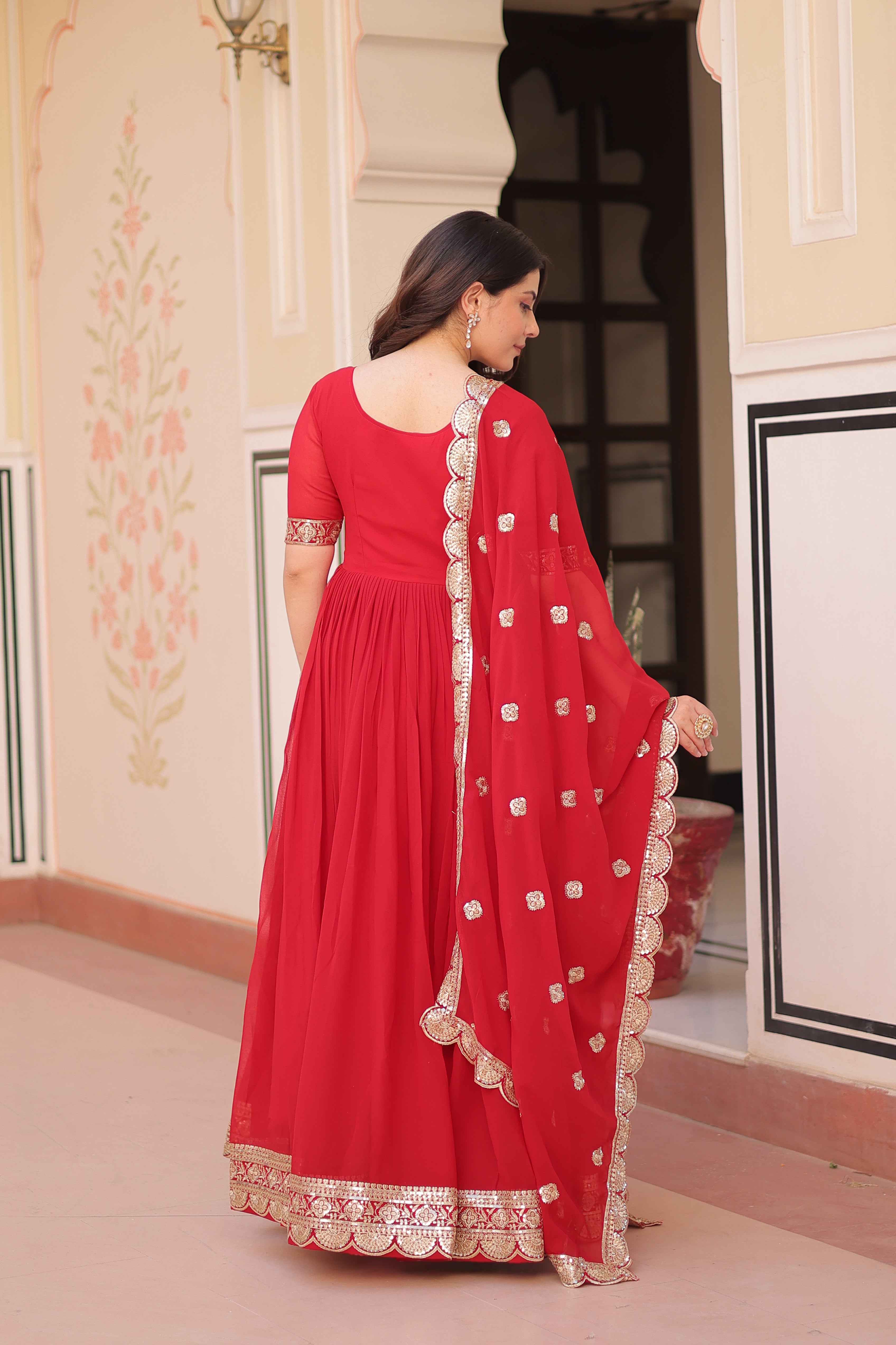 Faux Blooming Embroidered Gown With Dupatta