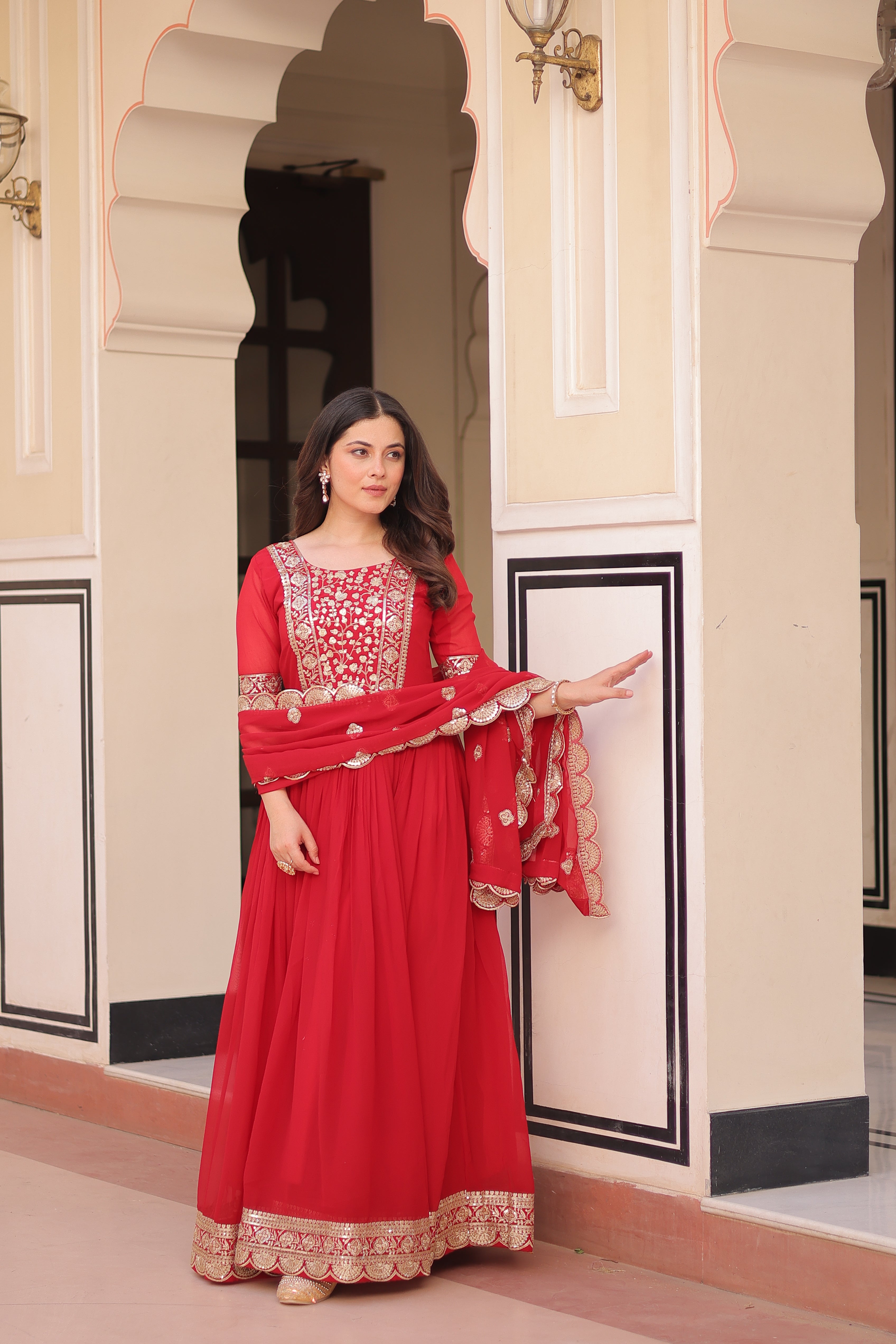 Faux Blooming Embroidered Gown With Dupatta