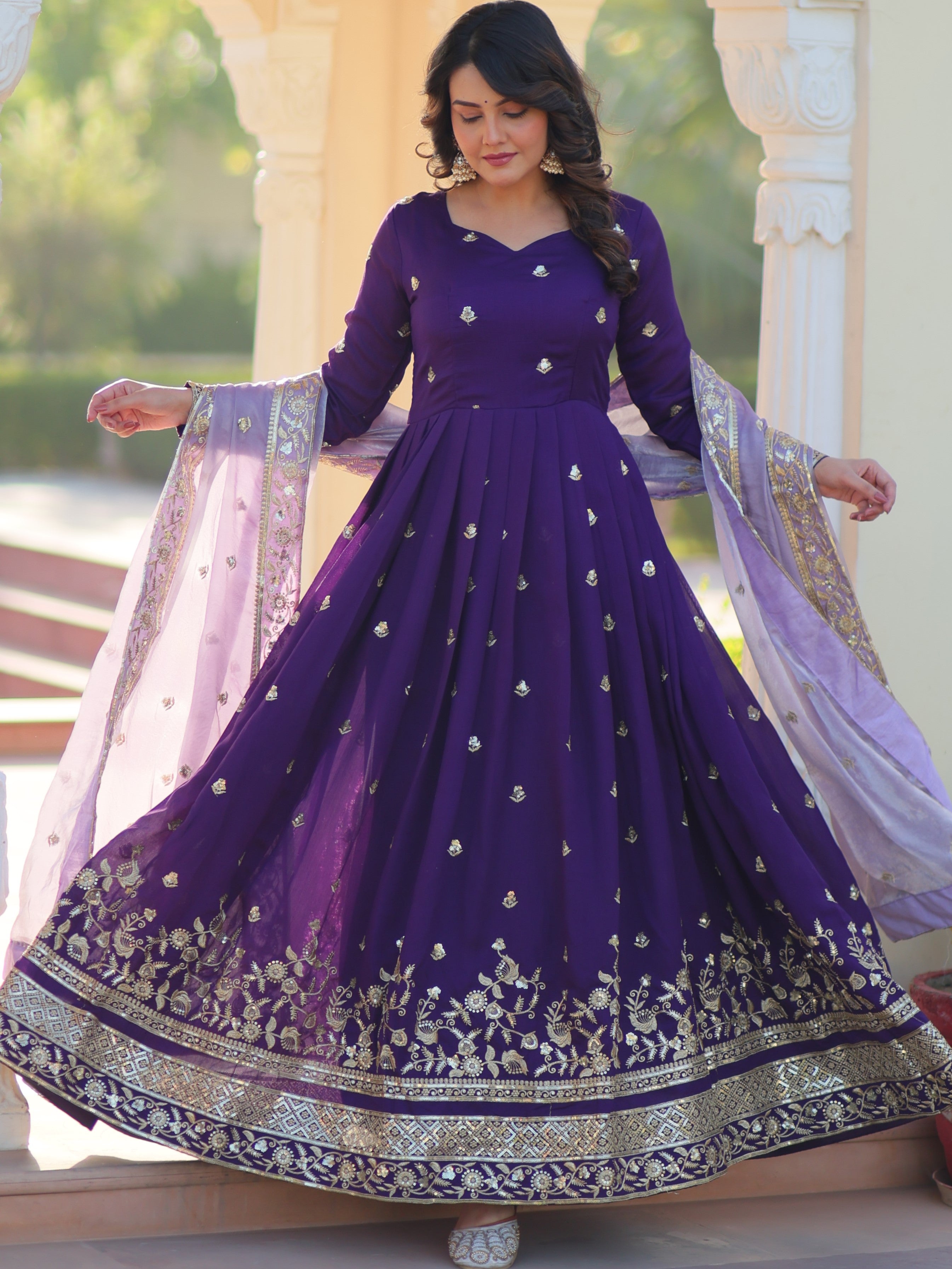 Star Georgette Embroidered  Gown With Fendi Dupatta