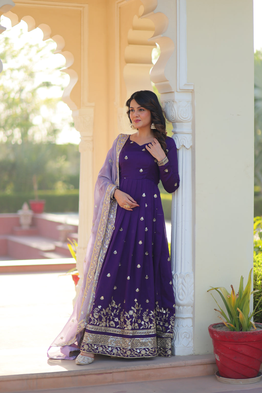 Star Georgette Embroidered  Gown With Fendi Dupatta