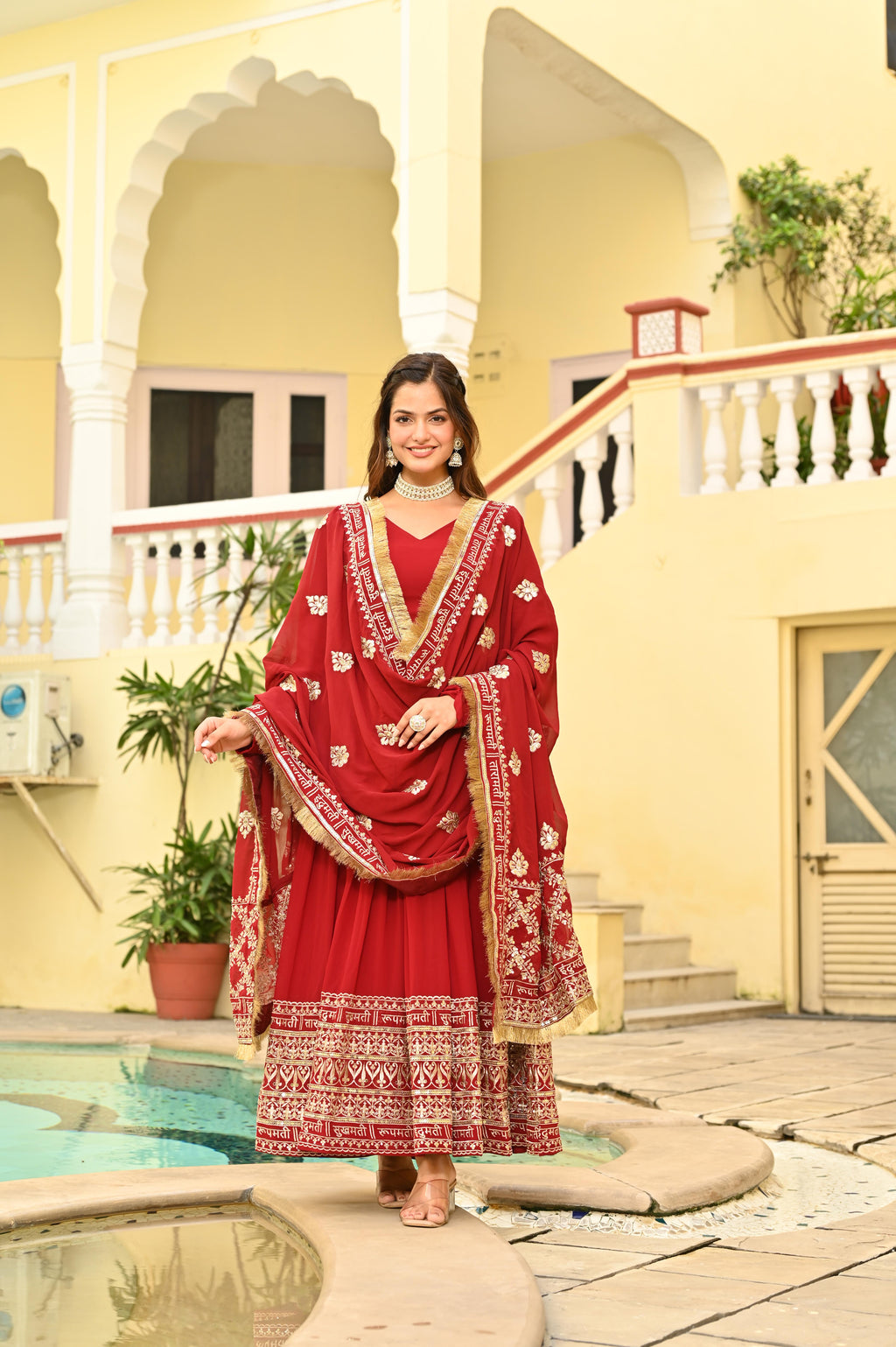 Faux Blooming Embroidered Gown With Dupatta