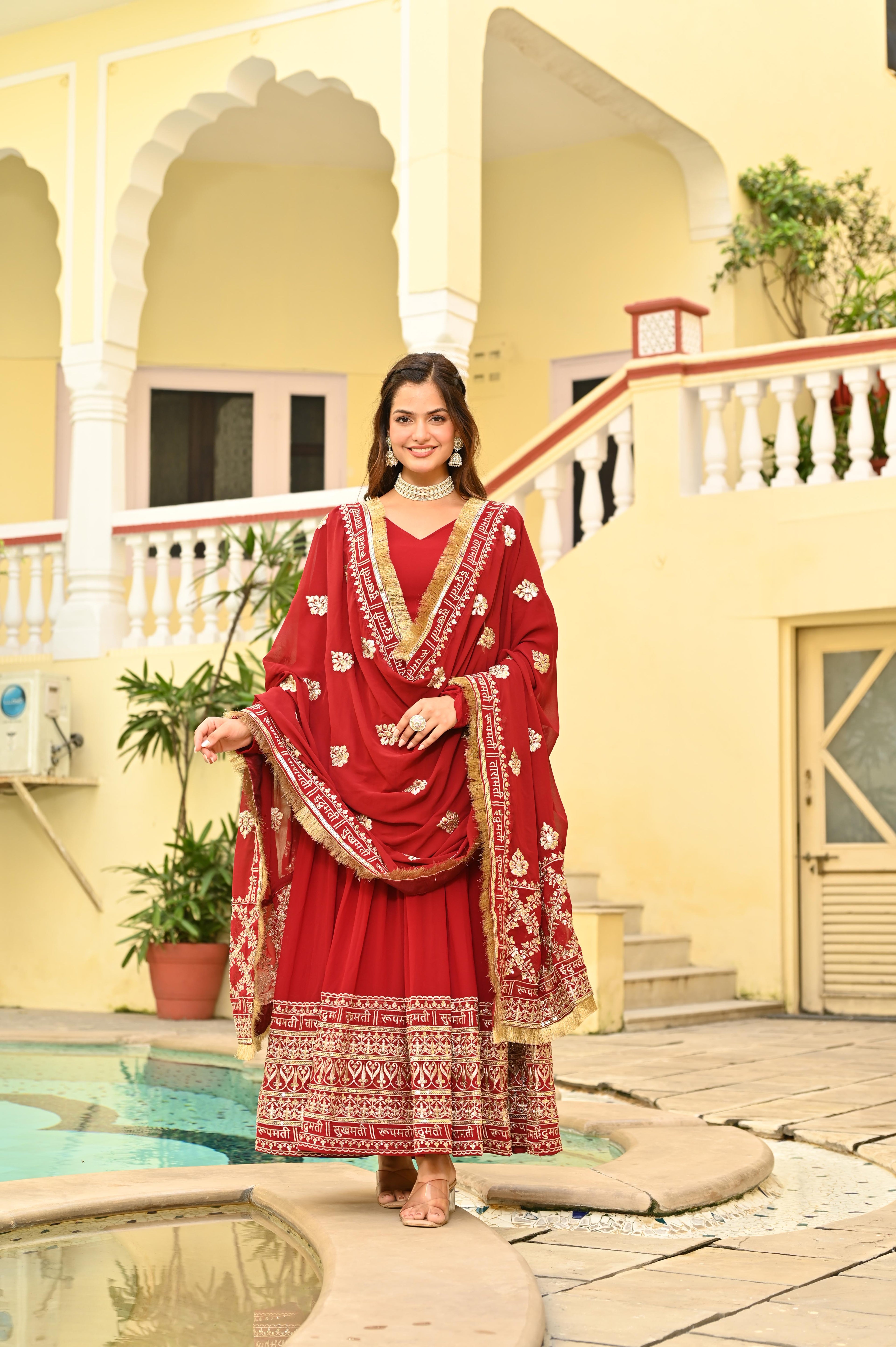 Faux Blooming Embroidered Gown With Dupatta