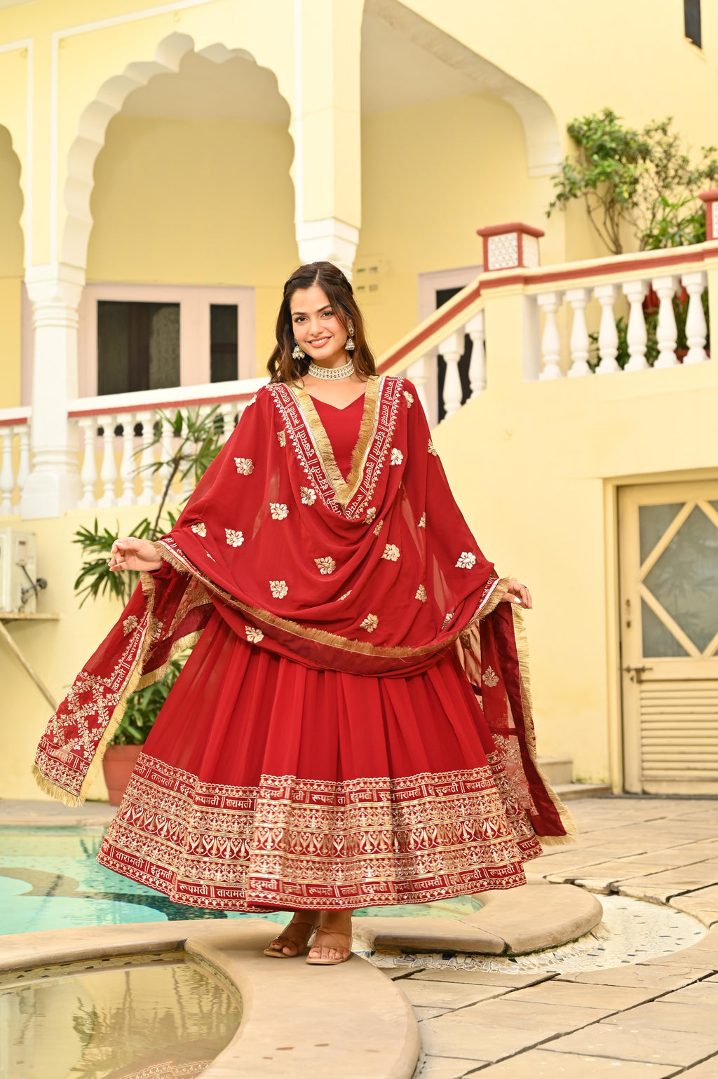 Faux Blooming Embroidered Gown With Dupatta