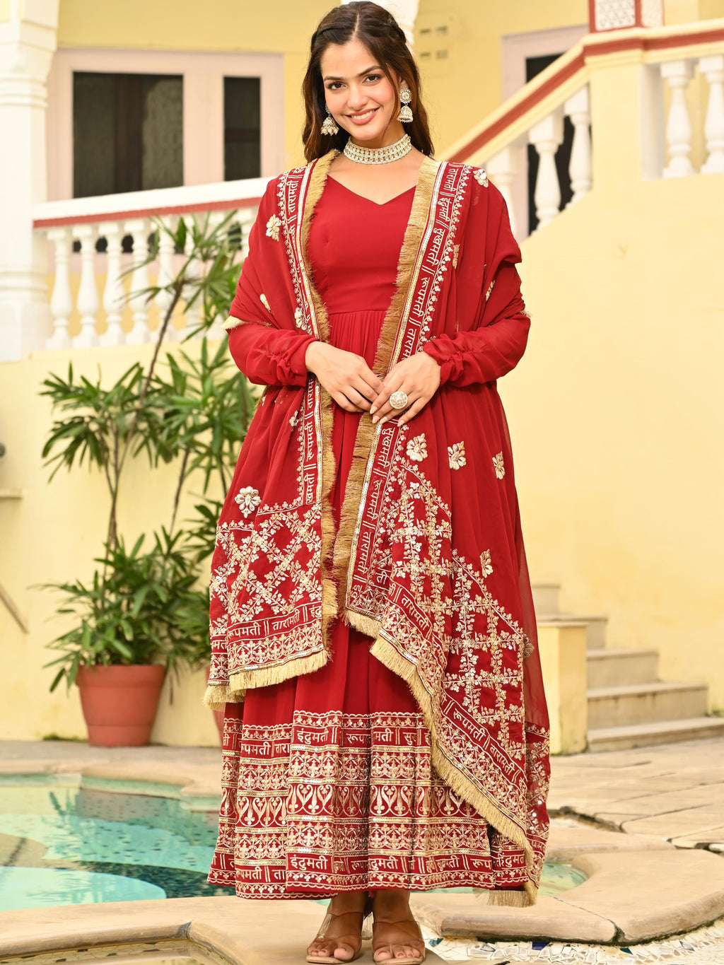 Faux Blooming Embroidered Gown With Dupatta
