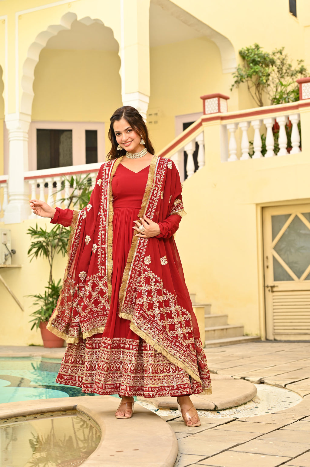 Faux Blooming Embroidered Gown With Dupatta