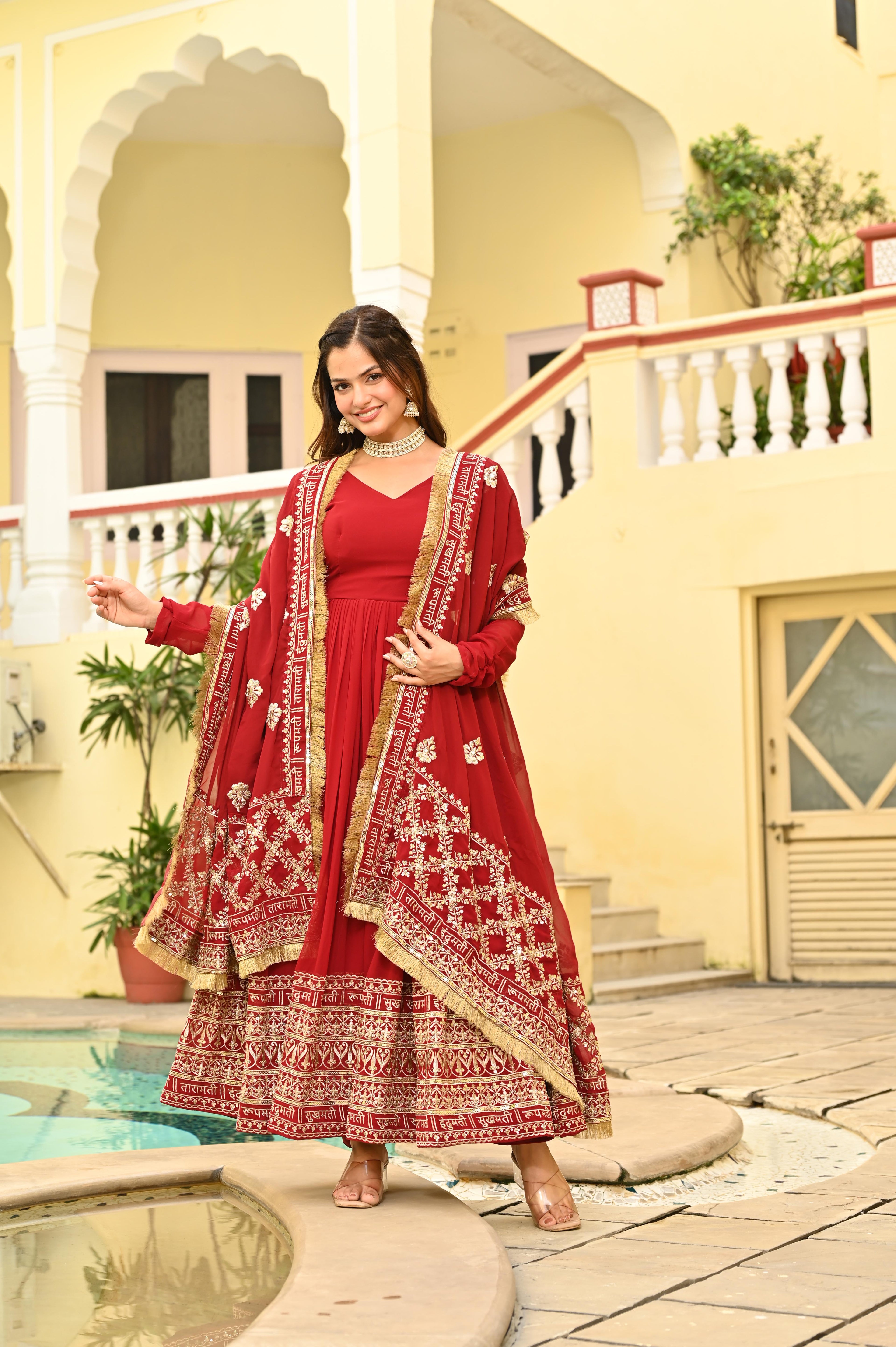 Faux Blooming Embroidered Gown With Dupatta