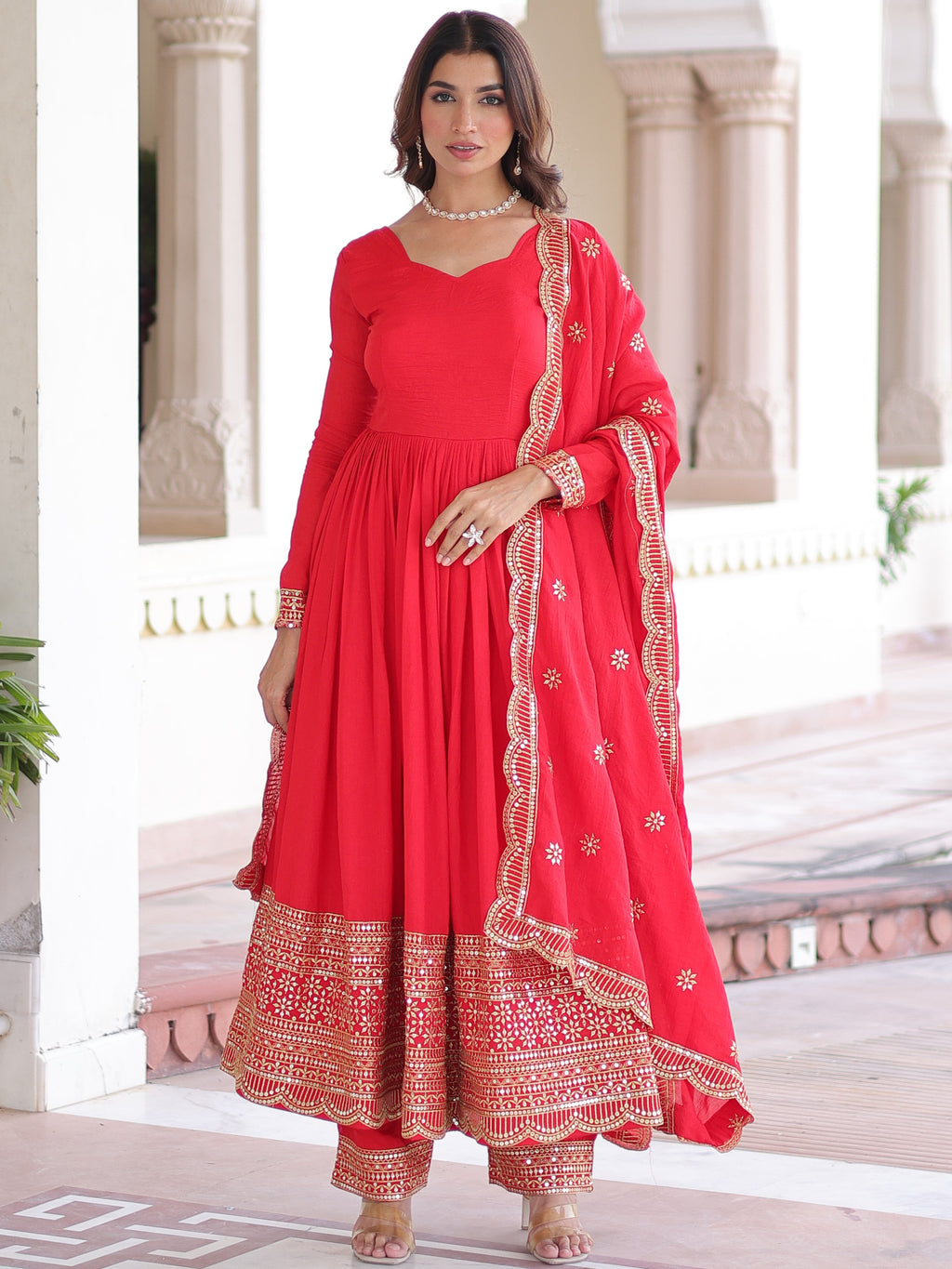 Vichitra Silk Top Bottom Set For Women