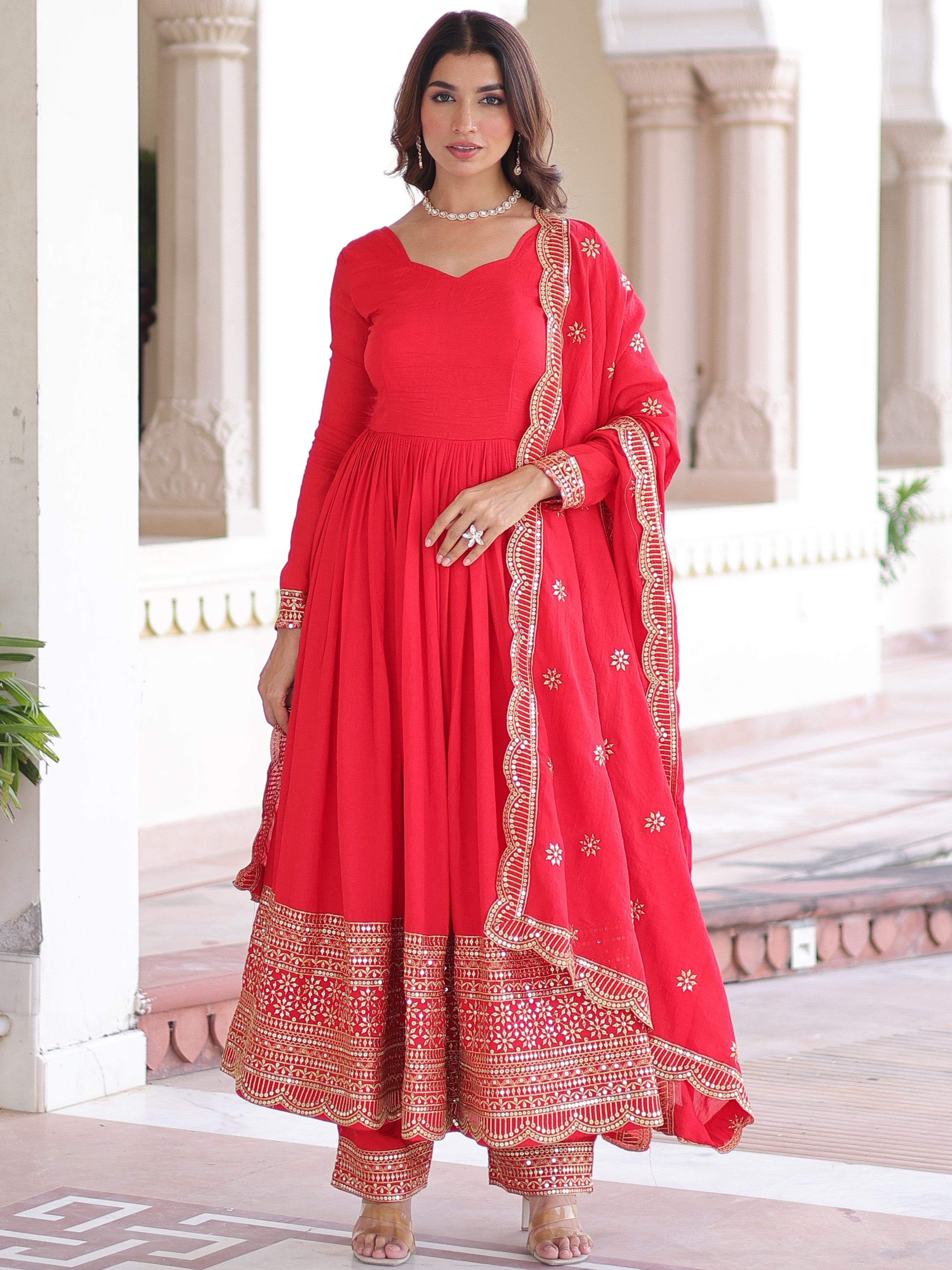 Vichitra Silk Top Bottom Set For Women