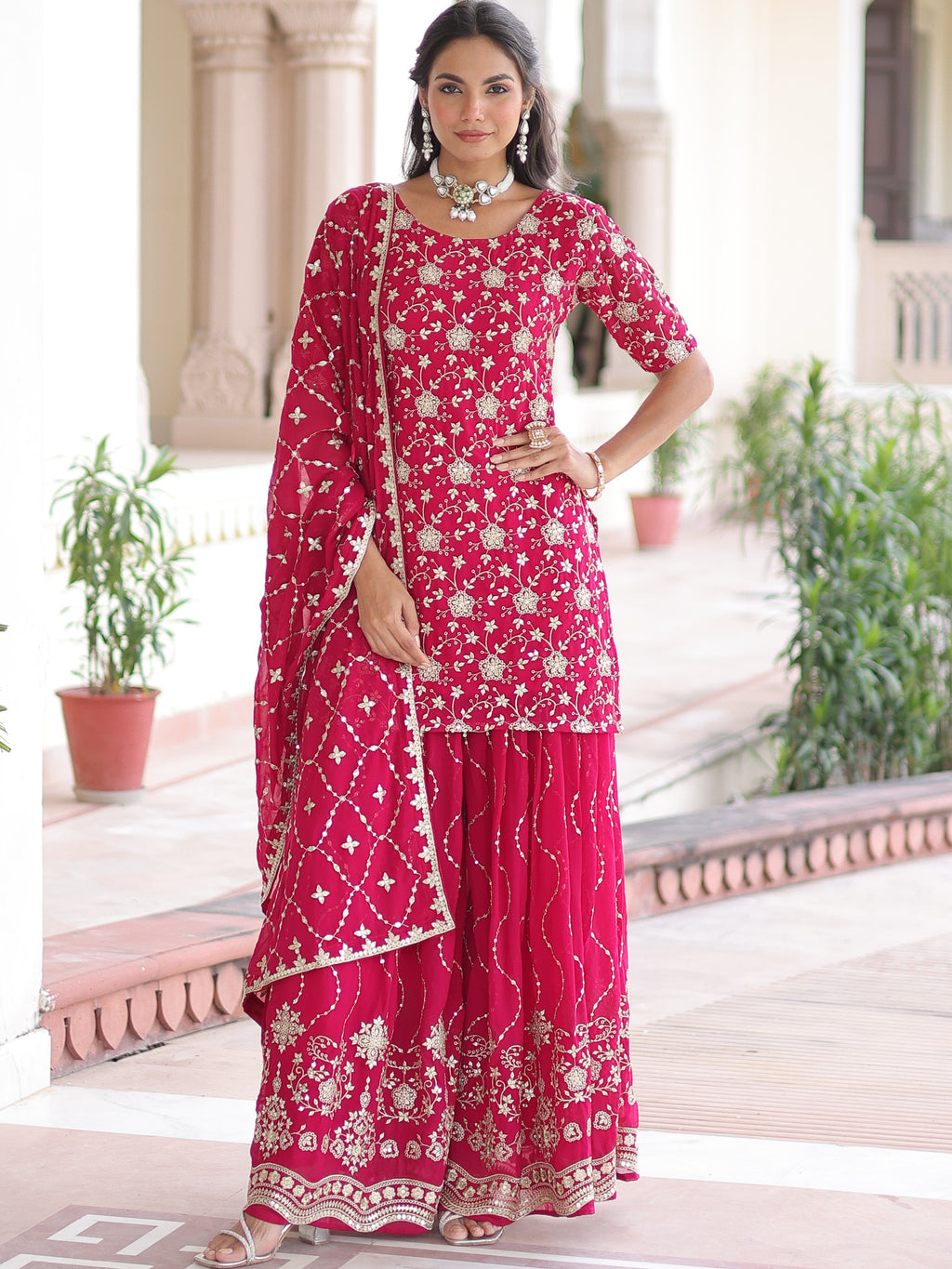 Georgette Embroidered Kurti Sharara Set For Women