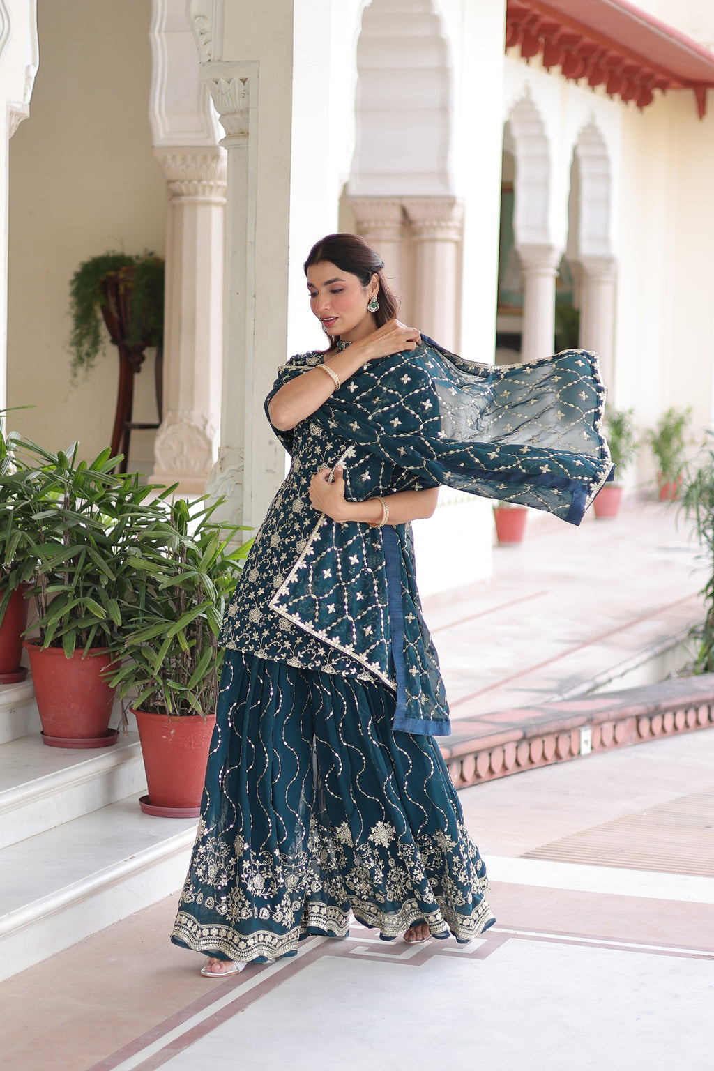 Georgette Embroidered Kurti Sharara Set For Women